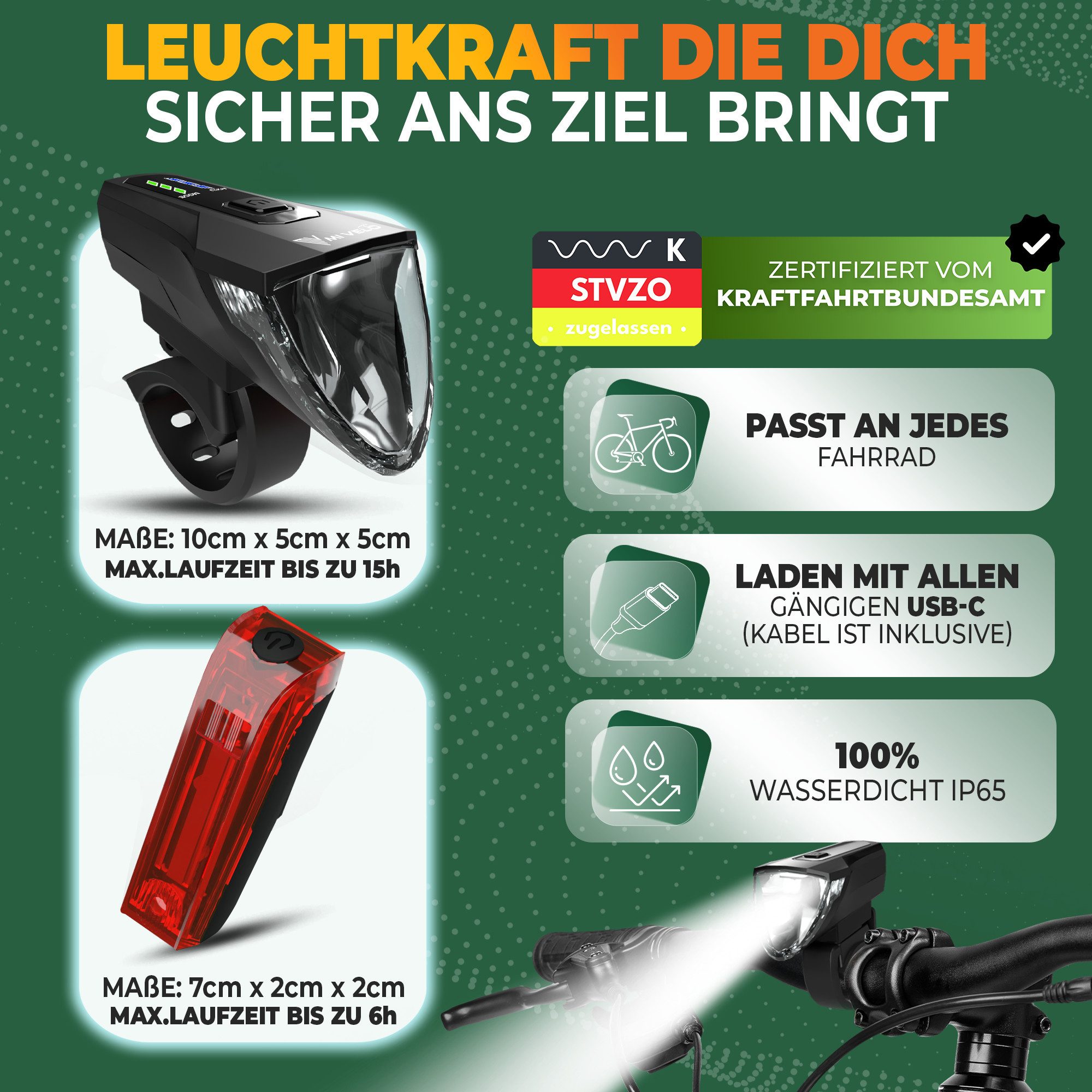 MIVELO Fahrradbeleuchtung LUMIX Fahrradlicht LED Set 70 LUX - Akku USB aufladbar wasserdicht, OSRAM LED