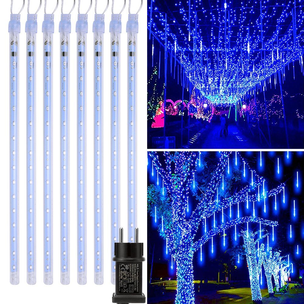 Sunicol LED-Lichterkette 192-288 LEDs 8 Röhren Fallende Regen Lichter, Anschließbar Schneefall, Wasserdichte Weihnachten Beleuchtung, Lichter für Innen Außen Hochzeit Blau