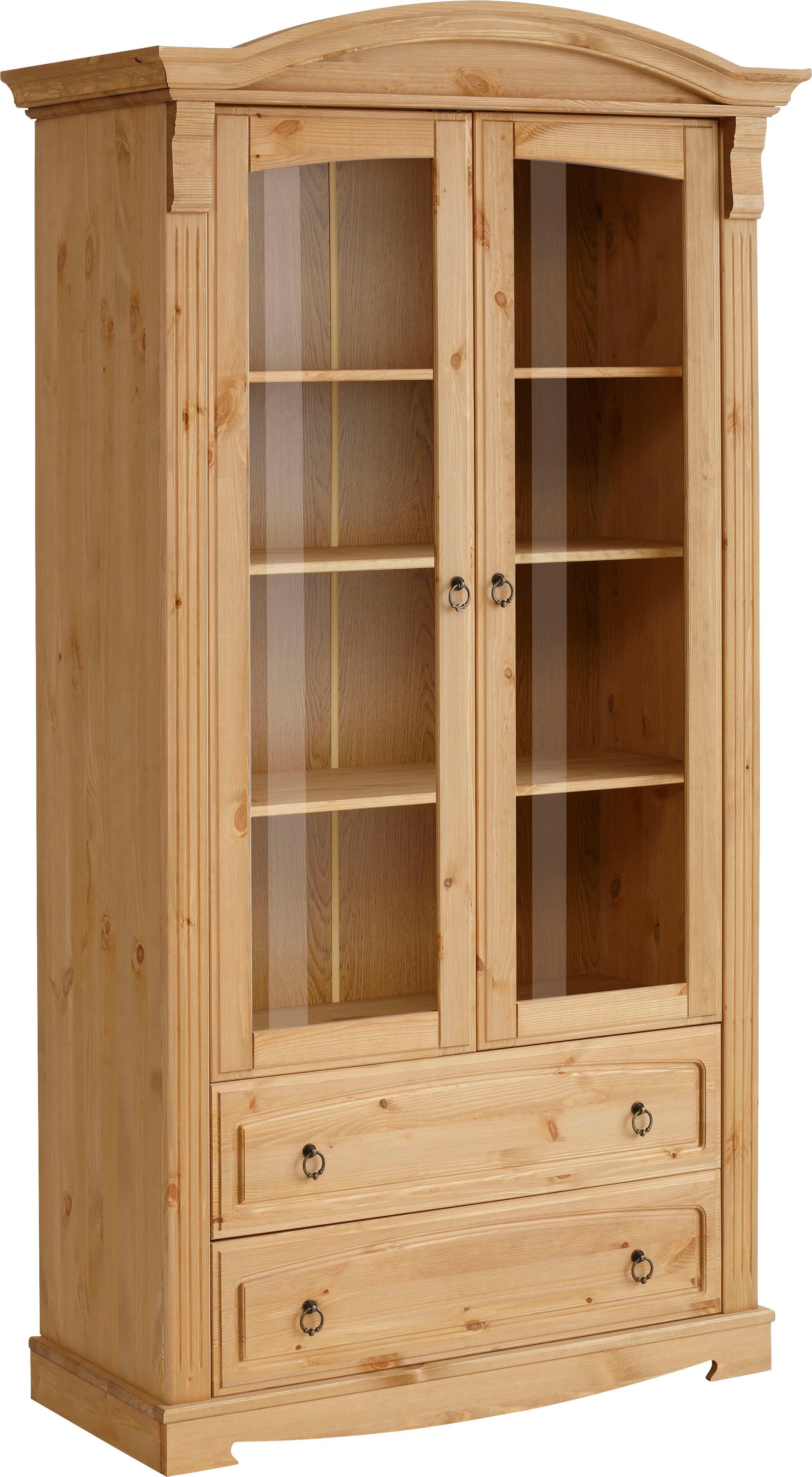 OTTO home Glasvitrine Anna, Standvitrine, Vitrinenschrank, Vitrine (Gesamtmaße (B/T/H): ca. 97/46/188 cm) mit Glastüren, 2 Schubladen, Höhe 188 cm, aus massiver Kiefer, FSC®