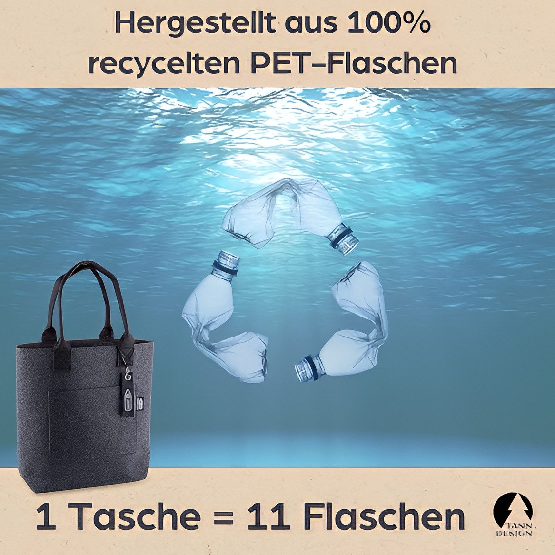 Tanndesign Einkaufsshopper Damen-Shopper Filz Grau aus recyceltem PET (21L) + Schlüsselanhänger, 21 l