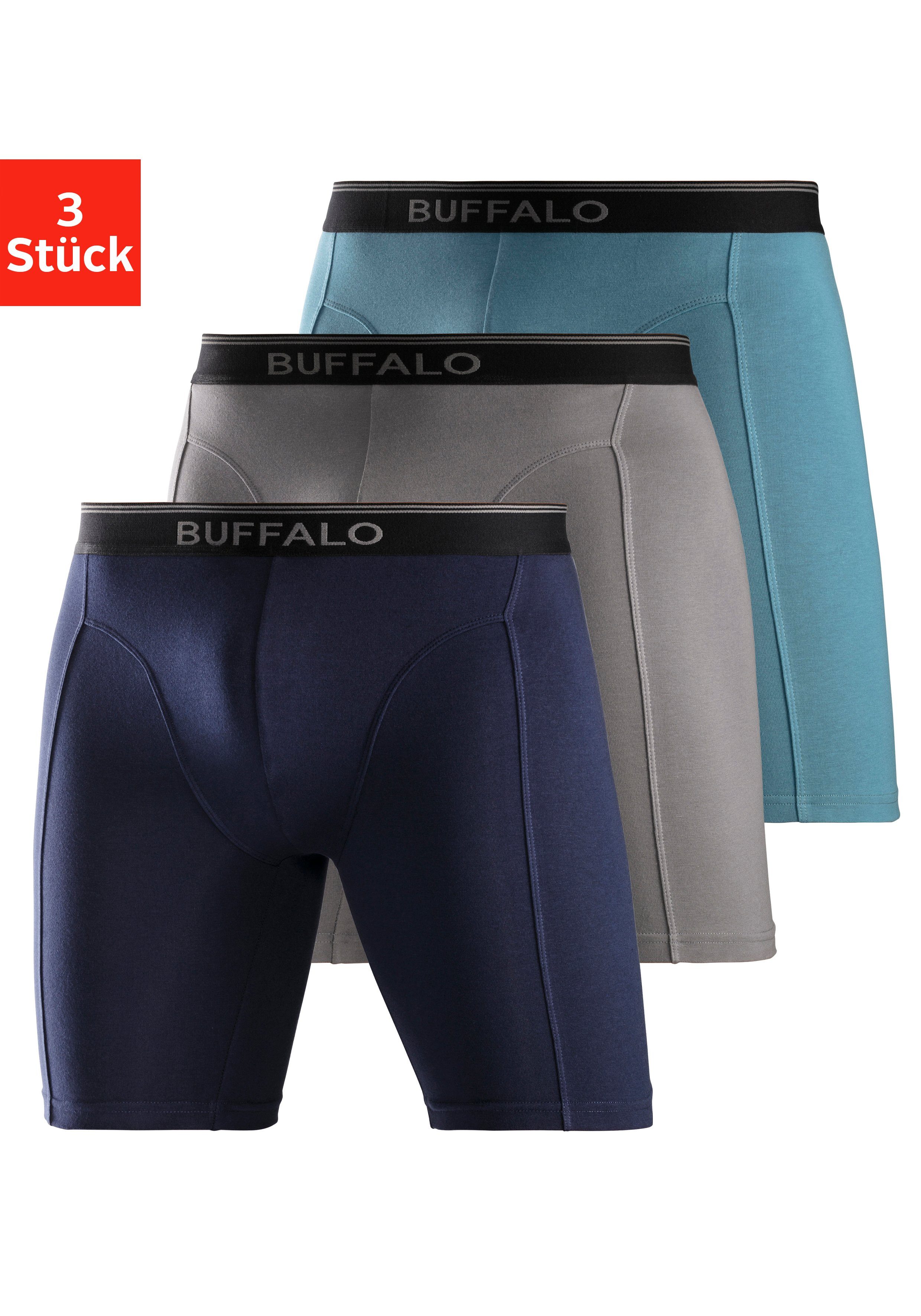 und Buffalo Sport auch Form langer 3-St) grau, navy ideal für (Packung, aquablau, Trekking Boxer in