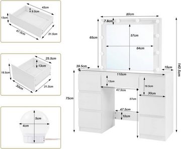 Woltu Schminktisch (1-St), mit Spiegel und LED-Beleuchtung, 7 Schubladen