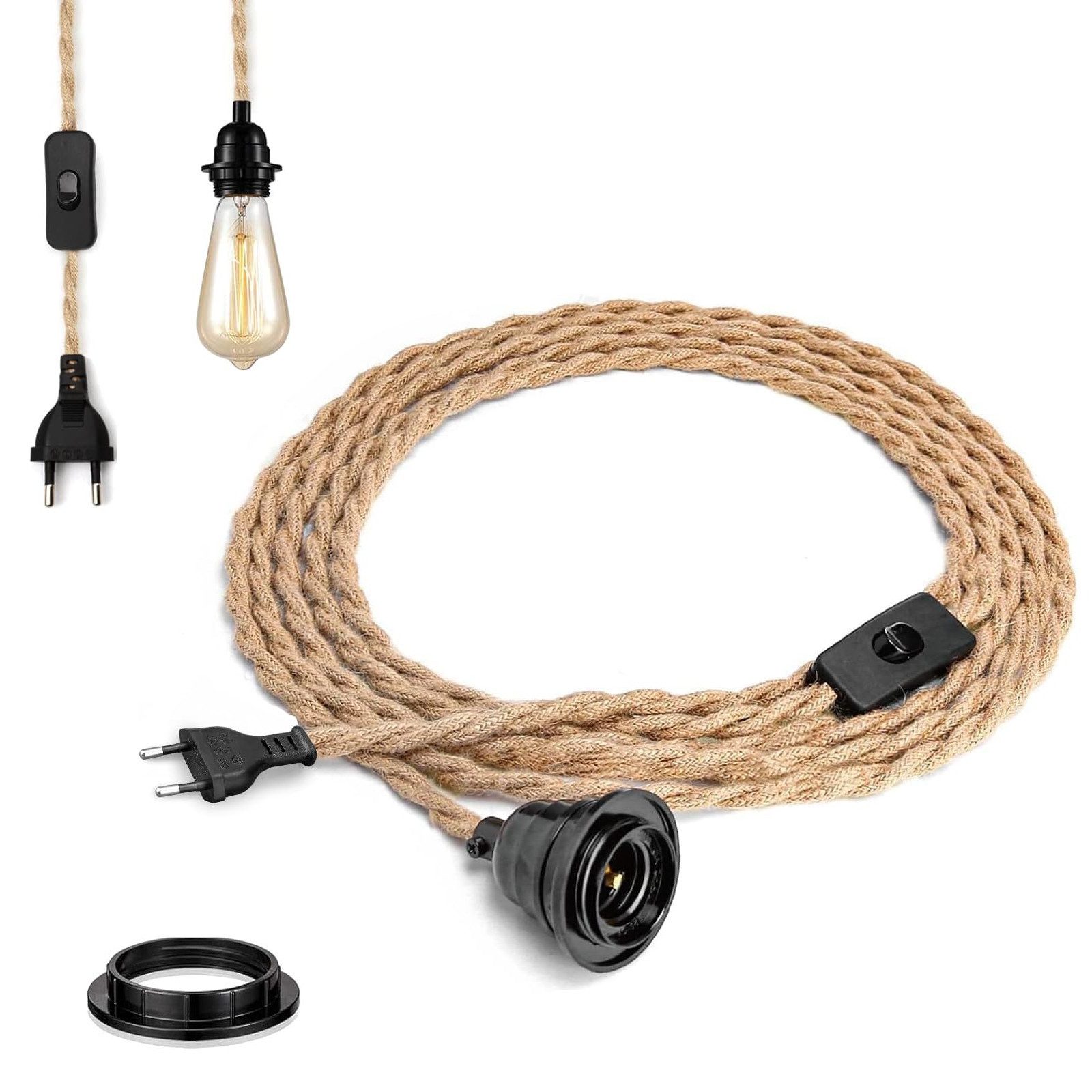 BlingBin Pendelleuchte Vintage Lampenkabel mit 4,5/8.8M gedrehten Hanfseil günstig online kaufen
