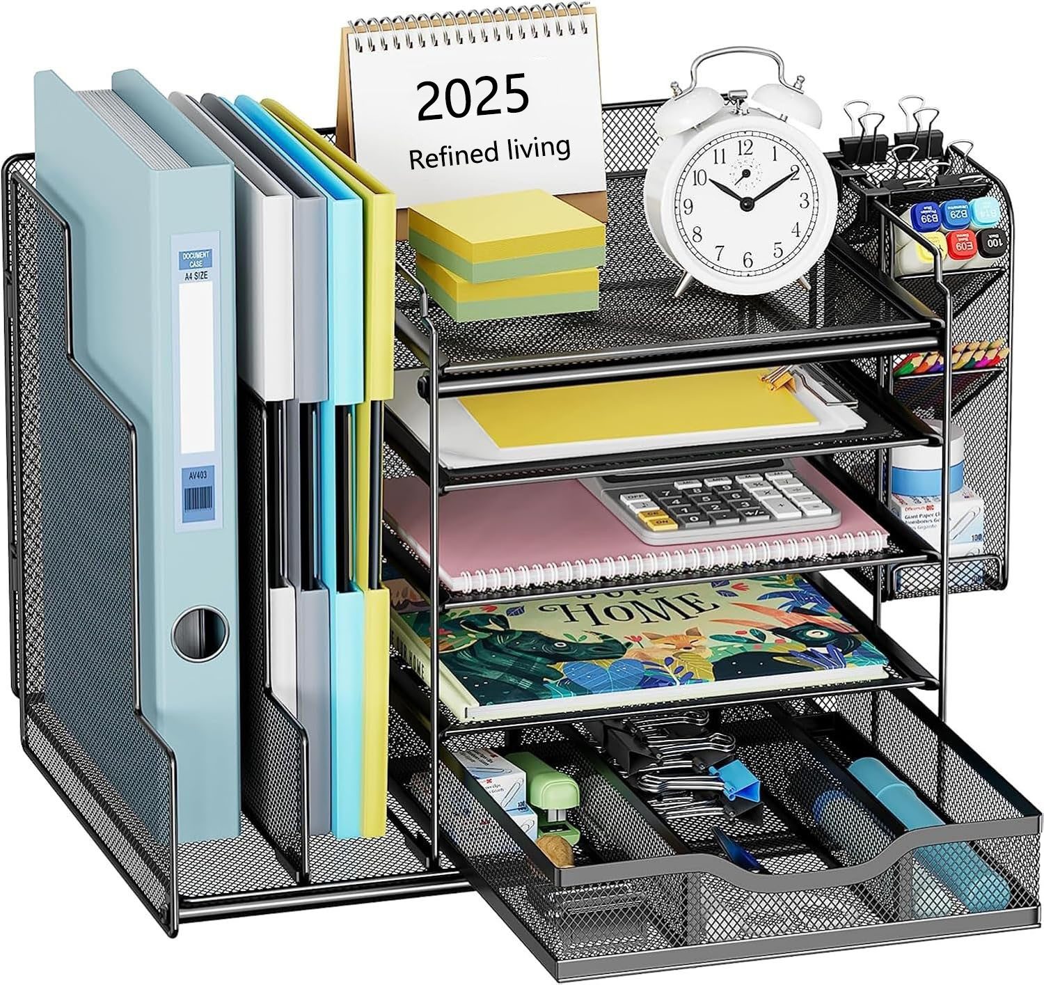 Refined Living Organizer Schreibtisch Organizer mit Aktenhalter, Büro Organizer, mit 5 Fächern (5-stufiger Papier Organizer mit Schublade und Stifthalter, Mesh Schreibtisch Akten Organizer mit Zeitschriftenhalter, mit vertikalen Aktenordnerhaltern, Schreibtisch Aufbewahrung, Bürobedarf, Schreibtisch Ablage, Stifthalter Organizer, Multifunktionale Büroorganisation, Netz Schreibtisch-Organizer für Zuhause, 1 St., Schreibtischablage,Viel Stauraum, Platzsparend,rostbeständig), für Büro,Zuhause,Schule–für Zeitschriften,Akten, Schreibwaren und mehr