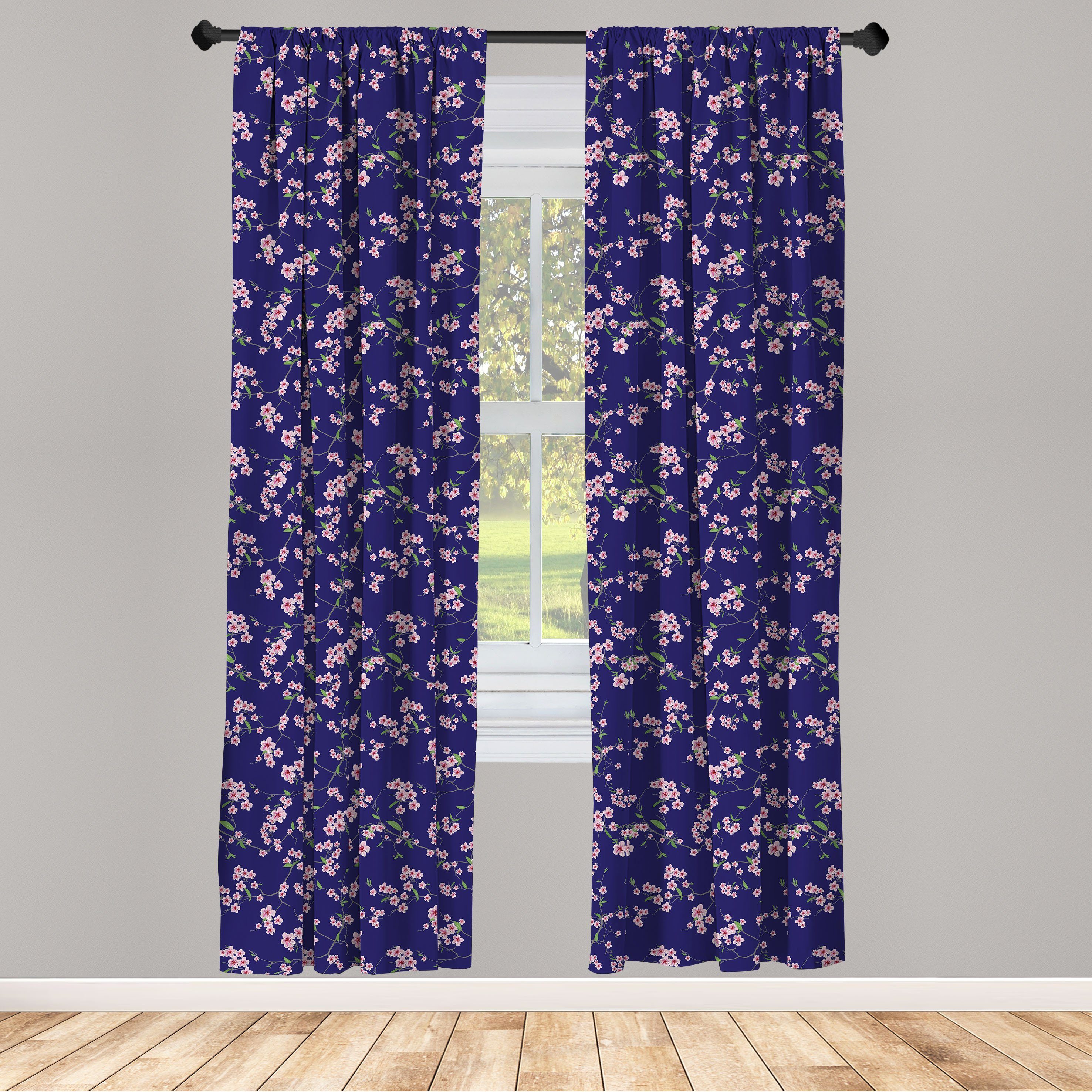 Gardine Vorhang für Wohnzimmer Schlafzimmer Dekor, Abakuhaus, Microfaser, Navy und Blush Sakura-Blüten