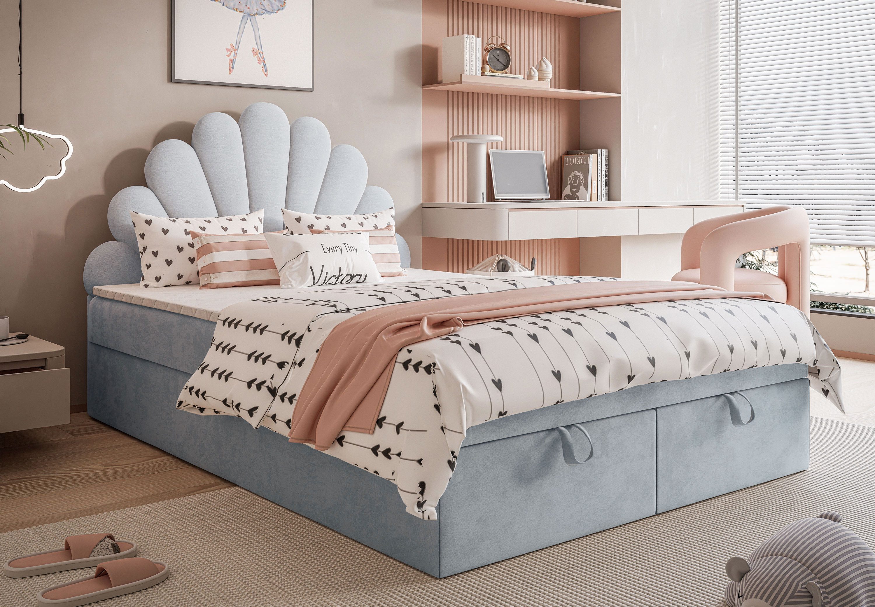Lookway Boxspringbett ASHLEY Polsterbett mit Muschel-Kopfteil und Bettkasten (Boxspringbett mit Topper), gepolstertes Kopfteil