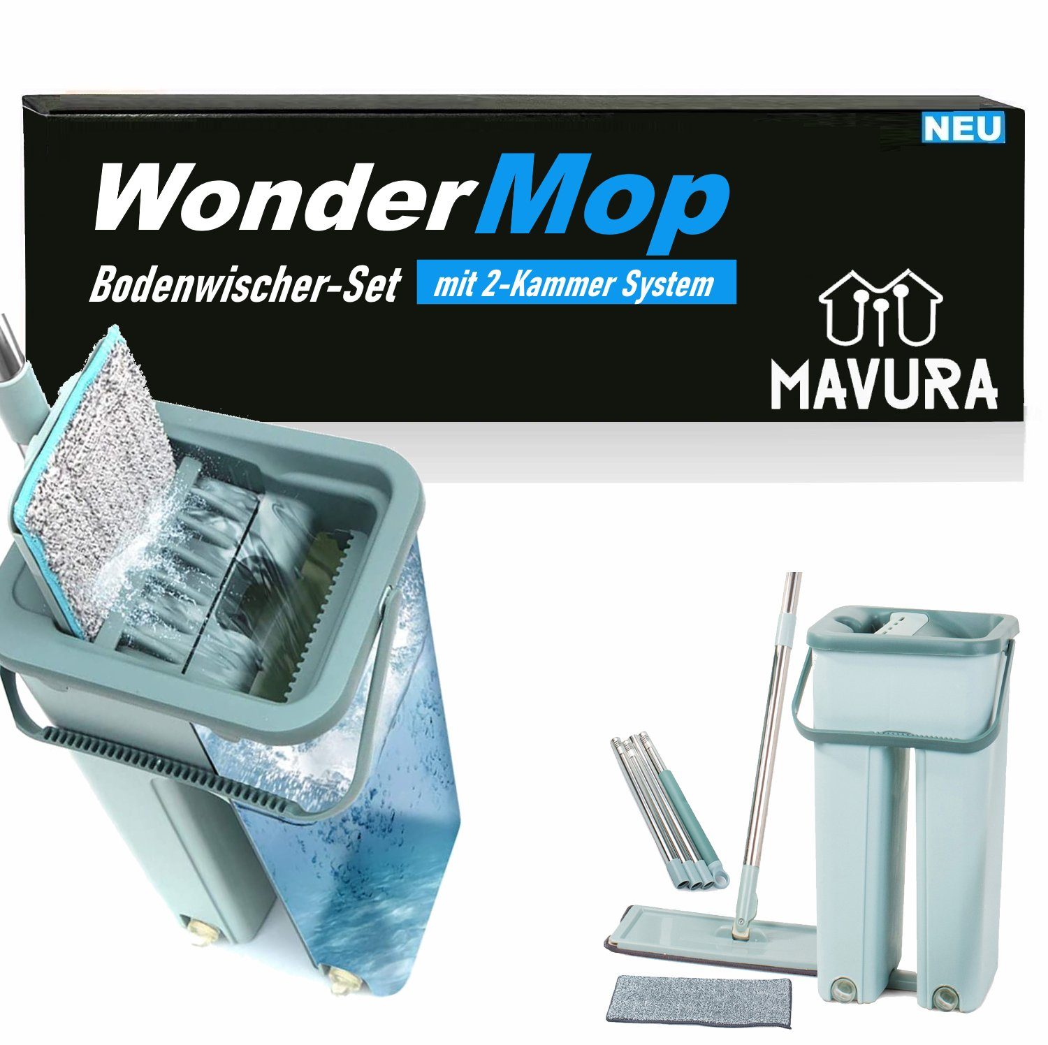 MAVURA Wischmopp WonderMop Profi Bodenwischer Set - Wischmop mit Eimer, Mikrofaser-Mopp, und 2-Kammer Auswringfunktion, - Effektive Reinigung von Böden und Oberflächen