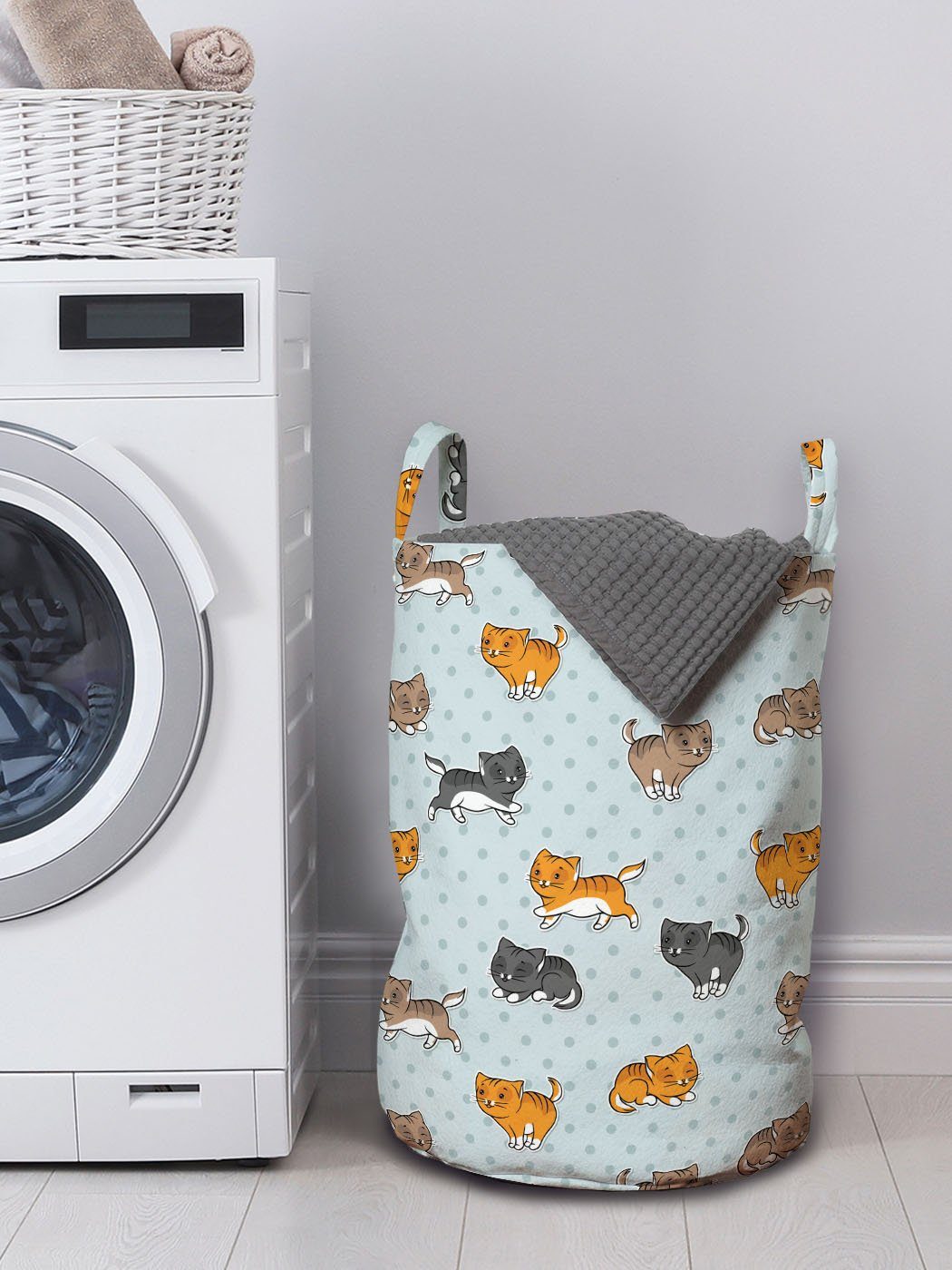 Waschsalons, für Wäschekorb mit Baby-Kätzchen-Spaß Wäschesäckchen Katze Griffen Tupfen Abakuhaus Kordelzugverschluss auf