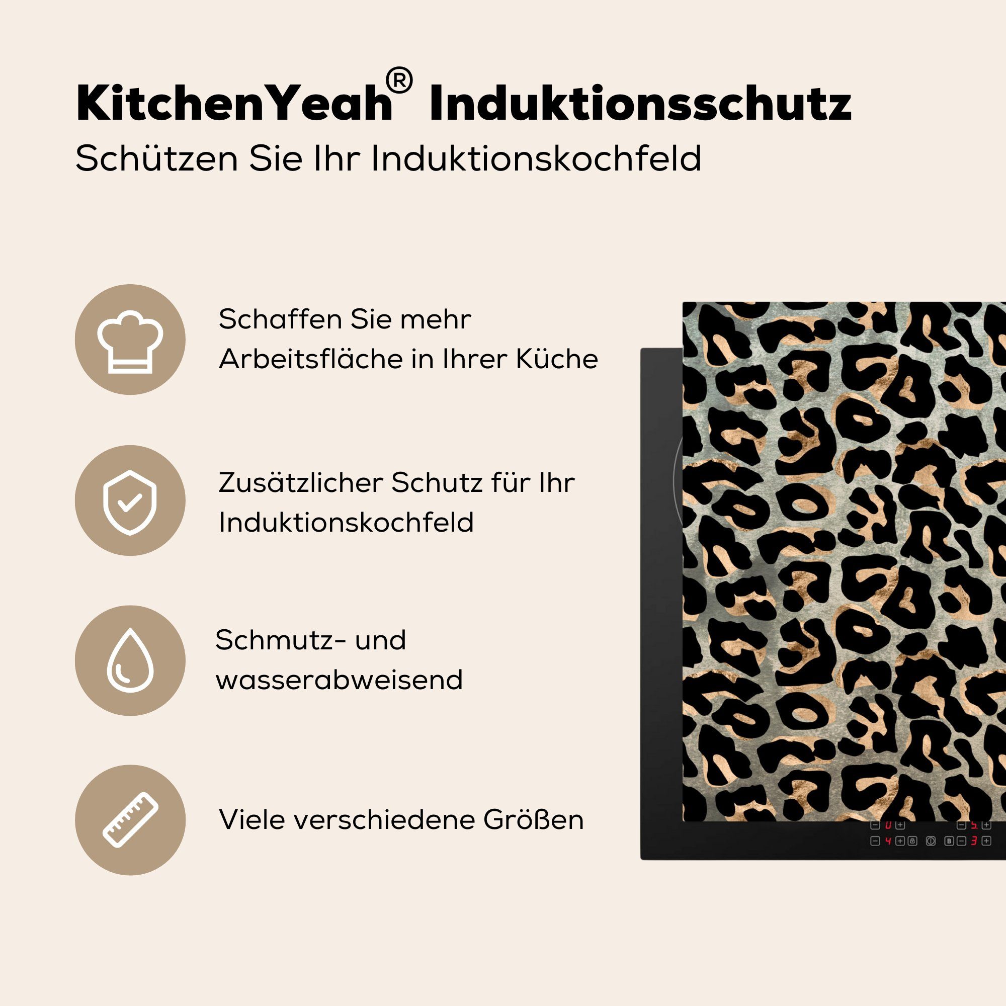 MuchoWow Herdblende-/Abdeckplatte Tierprint - Ceranfeldabdeckung Braun Vinyl, cm, für Luxus, küche, Induktionskochfeld die - - tlg), Panther 71x52 (1 Schutz