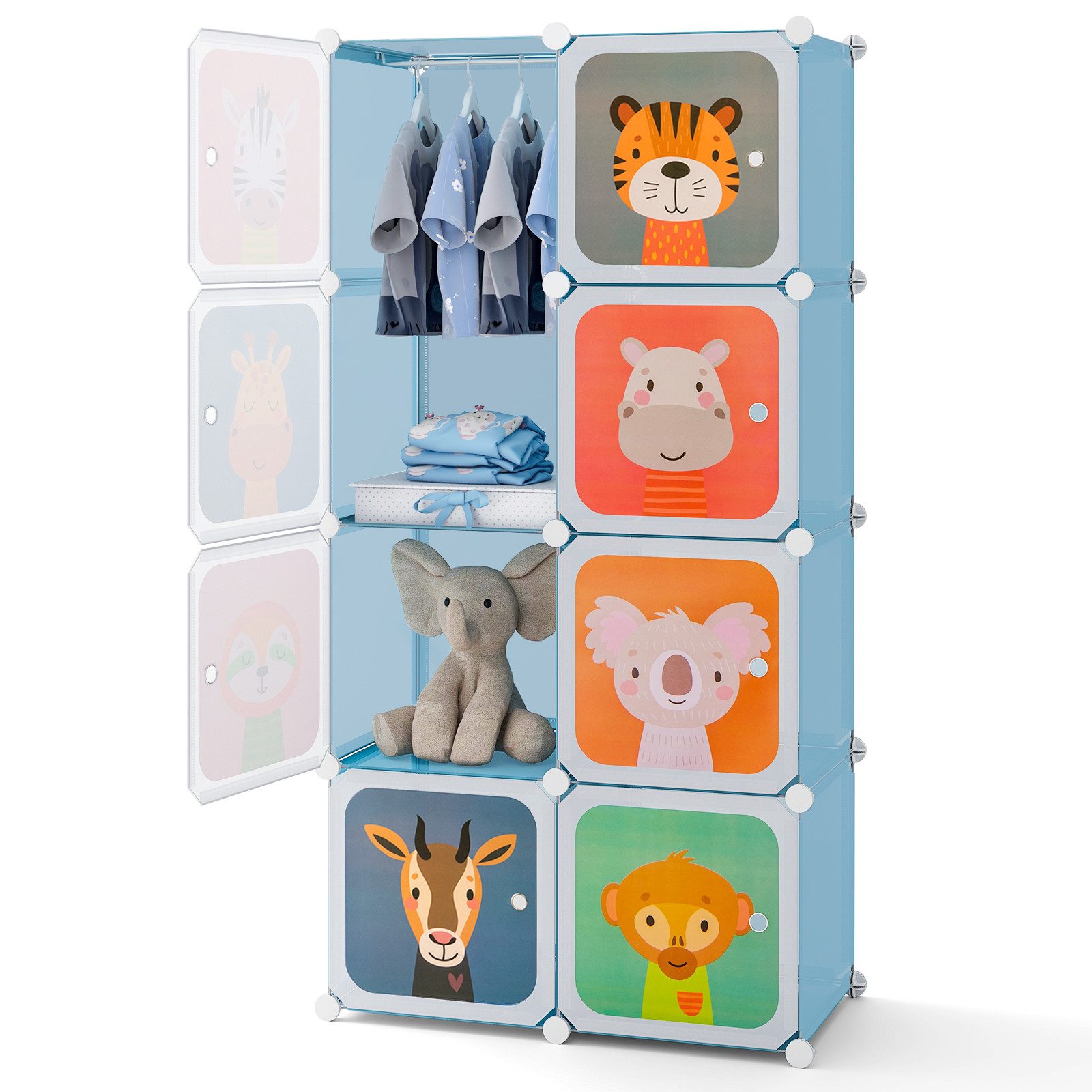 COSTWAY Kinderkleiderschrank mit Kleiderstange und 8 Würfeln, erweiterbar