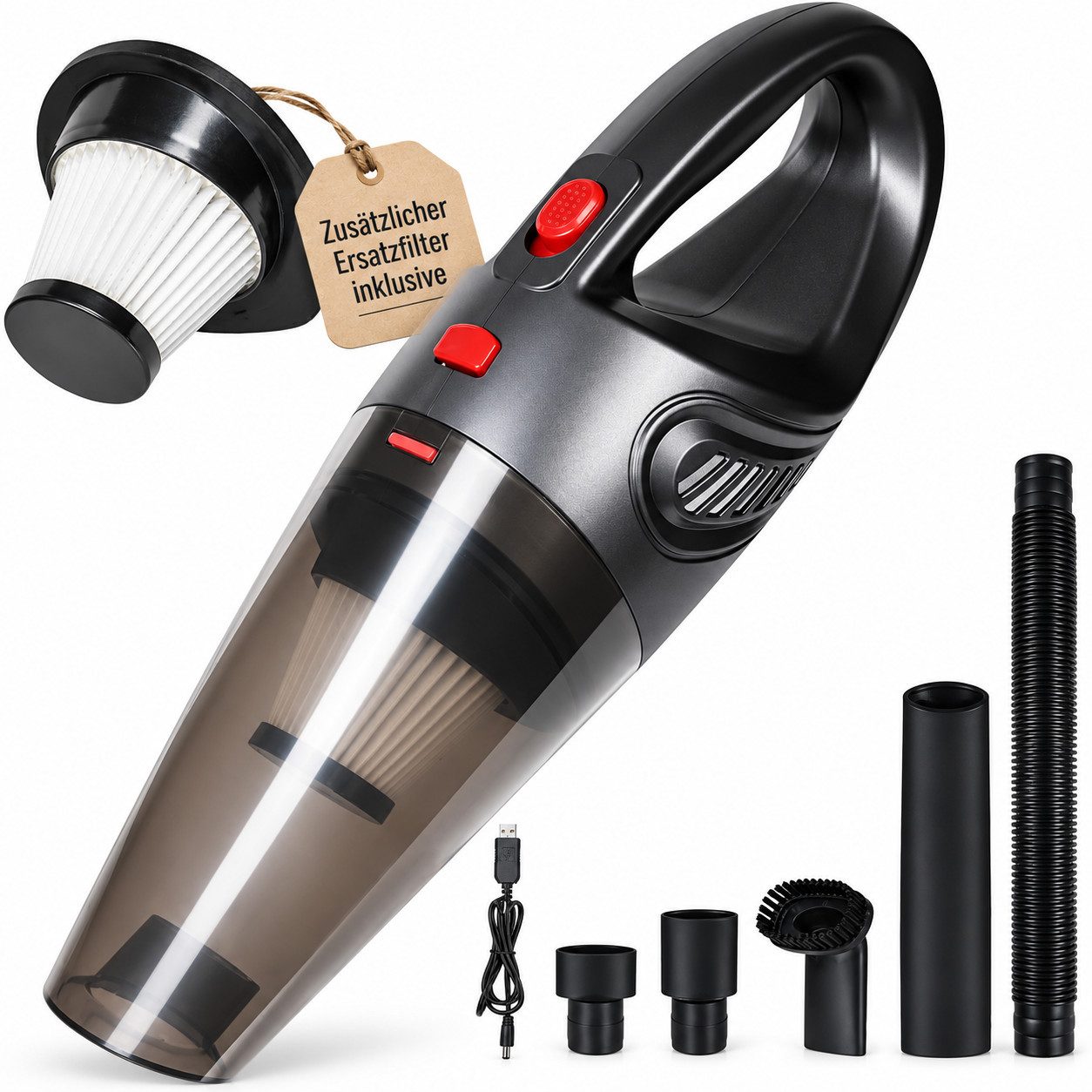 Goldstern-Tech Akku-Handstaubsauger, 100,00 W, Beutellos, 4 in 1, bis zu 30 Min. Laufzeit, HEPA-Filter, 3 Aufsätze