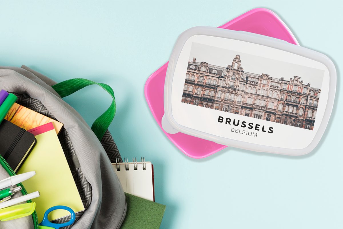 - Kunststoff Brotdose Huizen, Kinder, Lunchbox MuchoWow Brüssel Erwachsene, Brotbox (2-tlg), rosa Belgien Kunststoff, - für Mädchen, Snackbox,