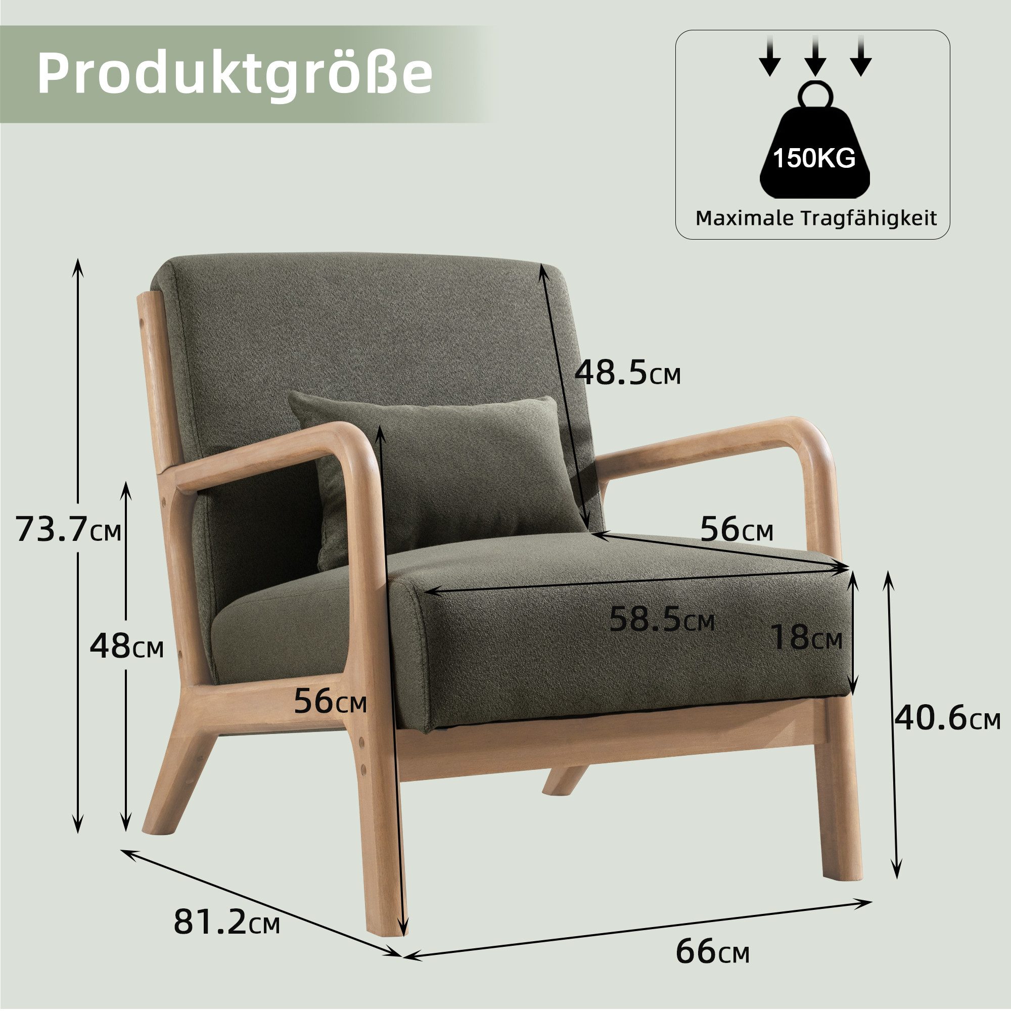 CANMOV Loungesessel Accent Sessel mit Kissen, Loungesessel mit Armlehnen, Armsessel (1-St), Natürliches Holz, Liegestuhl mit Armlehne und Kissen, für Wohnzimmer