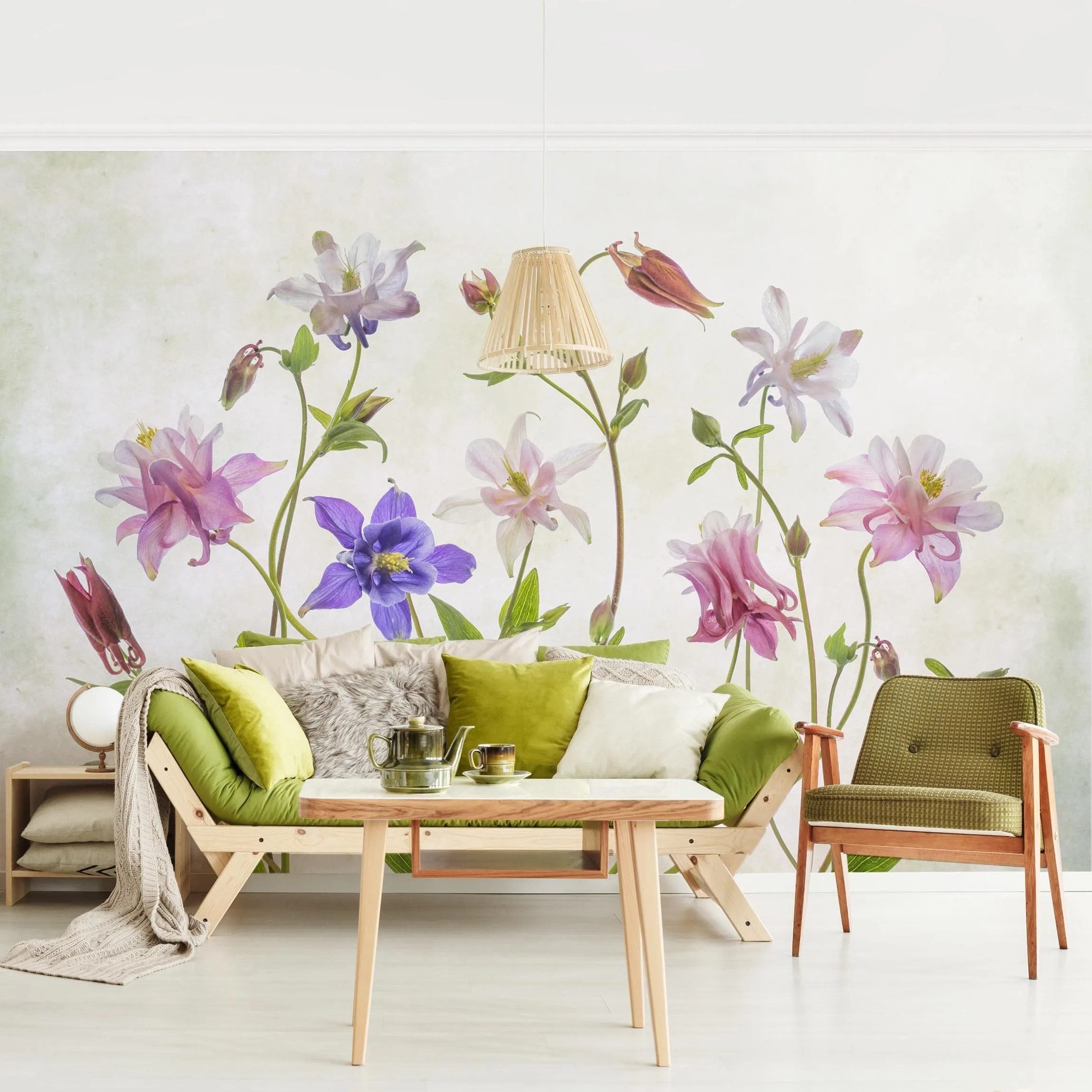 Bilderdepot24 Fototapete Blumen Wald-Akelei Blumentapete Floral Natur Modern Kunst Lila Rosa, Glatt, Matt, (Vliestapete inkl. Kleister oder selbstklebend), Wohnzimmer Schlafzimmer Küche Flur Motivtapete Vliestapete Wandtapete