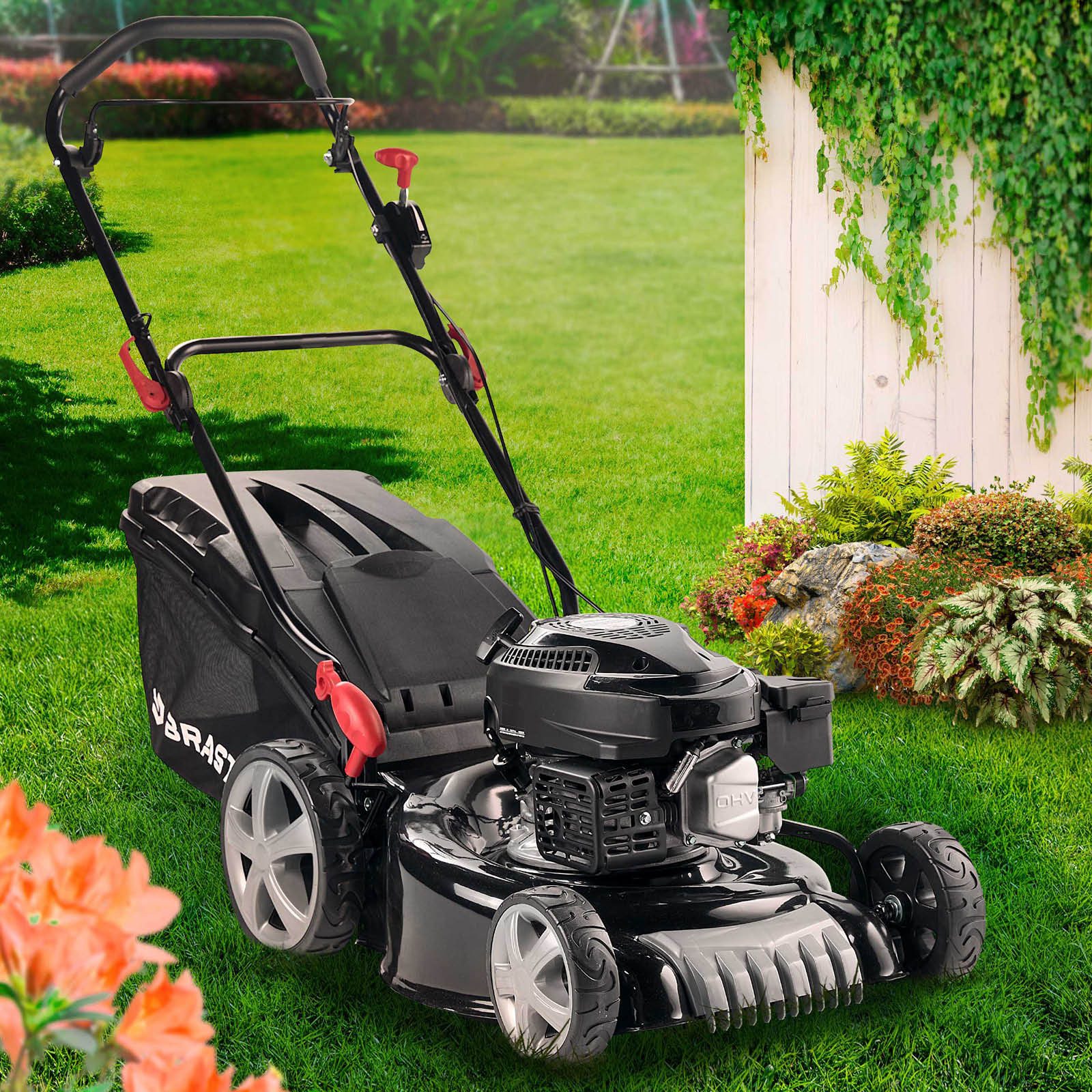 BRAST Benzinrasenmäher 3,5kW(4,76PS), TÜV geprüft, 4 Takt OHV Motor, Stahlgehäuse, 46 cm Schnittbreite, 3in1: Mähen, Mulchen und Sammeln