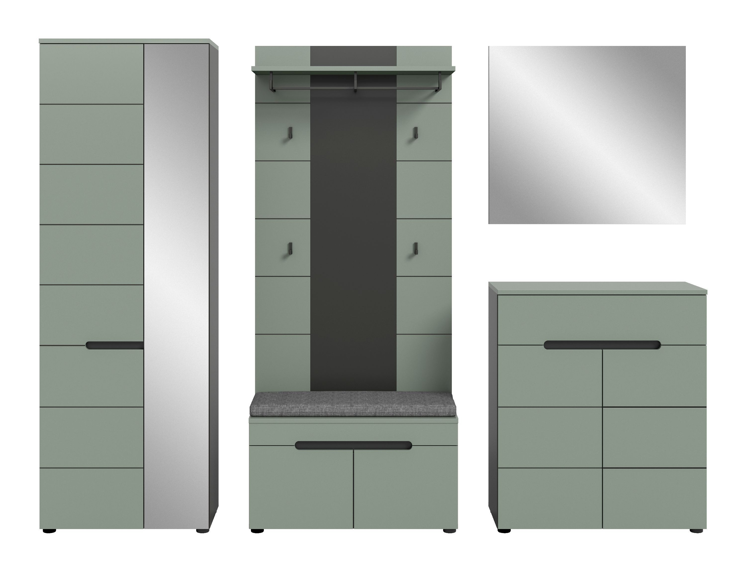 xonox.home Garderoben-Set, (6tlg. Set inkl. Garderobenschrank, Sitzbank, Paneel, Schuhkommode), Smoke Green Melamin beschichtet modern 255x190x37 cm