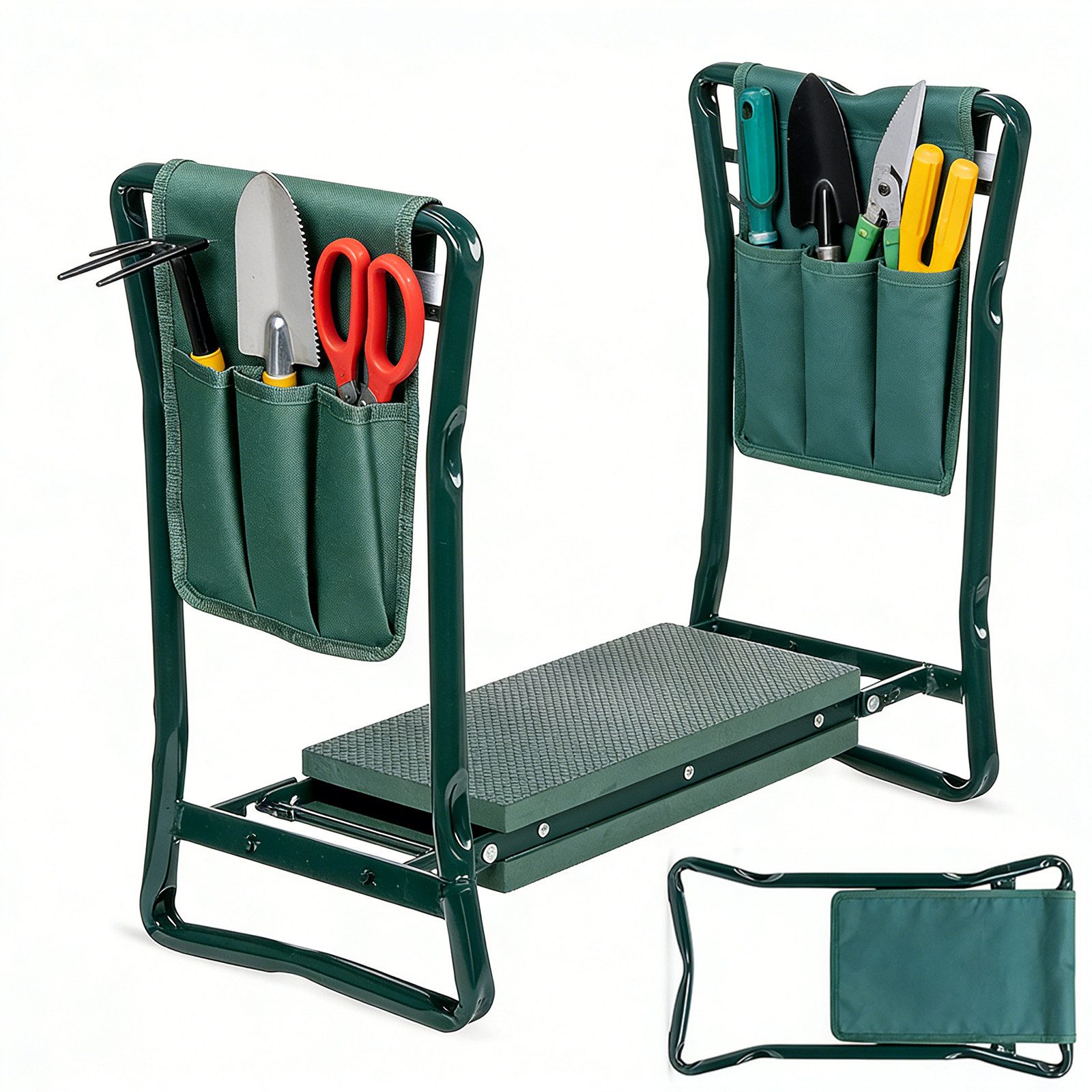 GLIESE Arbeitshocker Kniebank mit Taschen für Gärten (Gartenklappsitz), Gartenklapphocker mit Aufbewahrungsfach