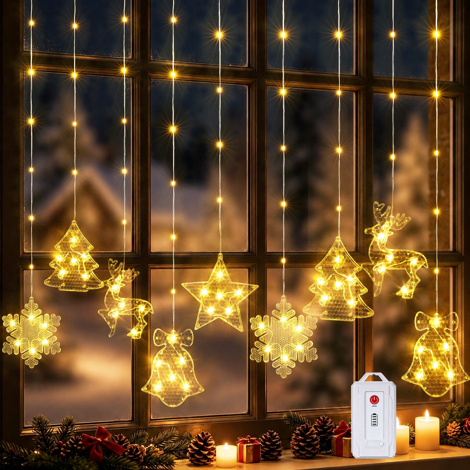Quntis Lichterkette Lichterkette Weihnachtsdeko Fenster Warmweiß/Bunt, Timer 8 Modi, 1,6M 106LEDs Fensterbilder für Innen/Außen/Fenster Weihanchten Deko