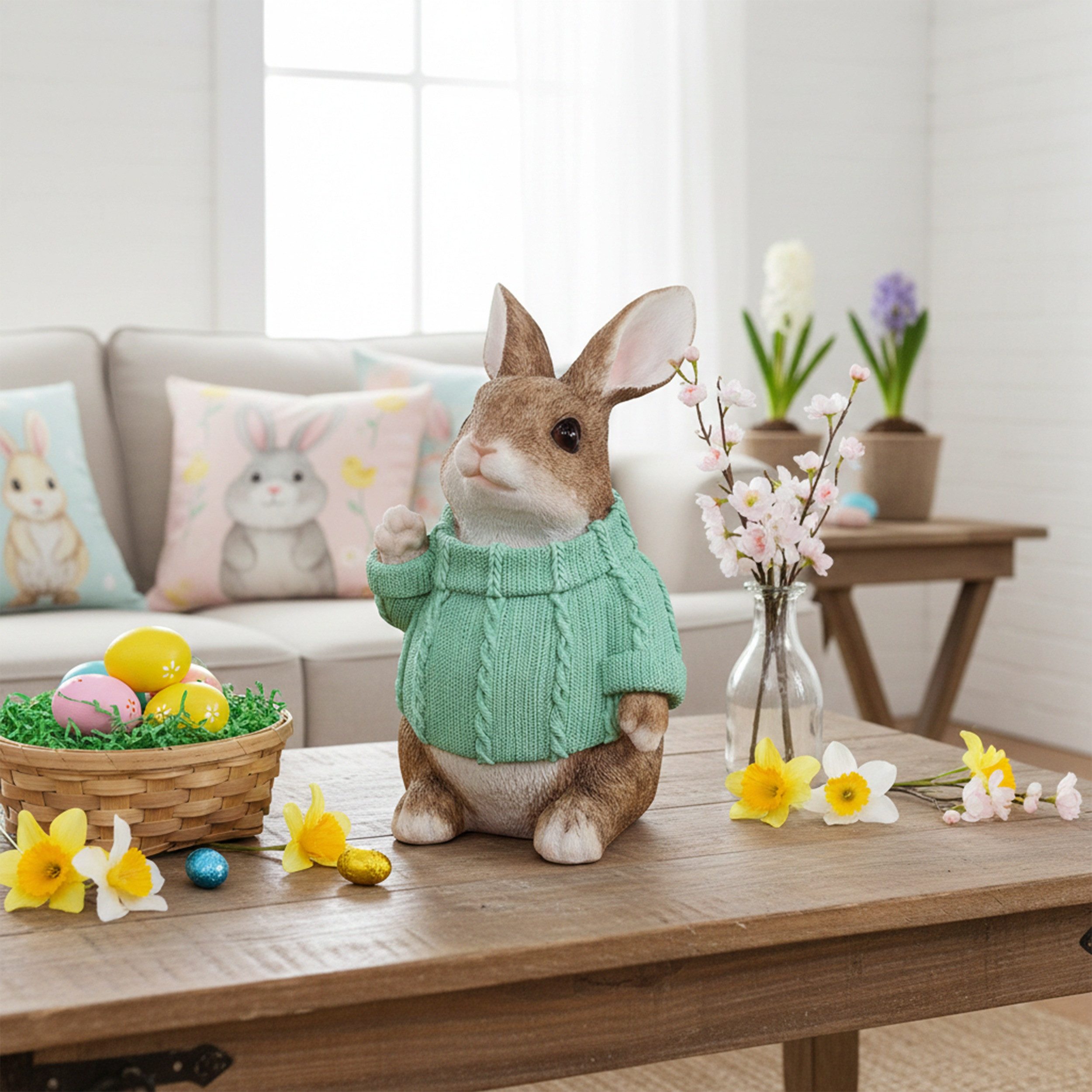 colourliving Osterfigur Deko-Hase XL im Pullover – Große Osterhasen-Figur sitzend (1 St), 6 verschiedene Farben und Varianten auswählbar