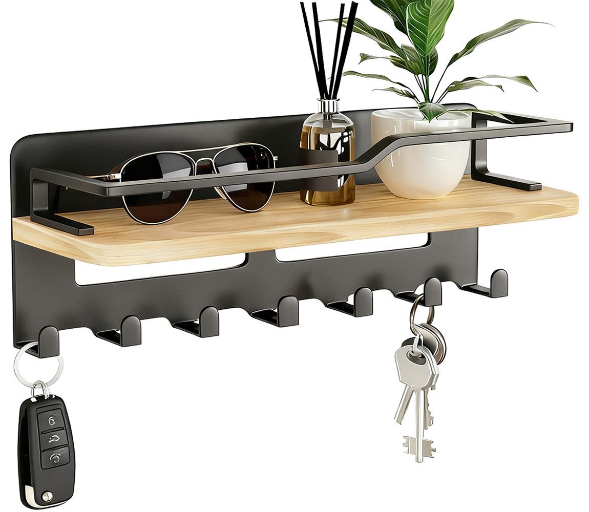Yorbay Schlüsselbrett mit Holzablage, Schlüsselorganizer, Schlüsselhalter, 7 Haken + Ablagefläche