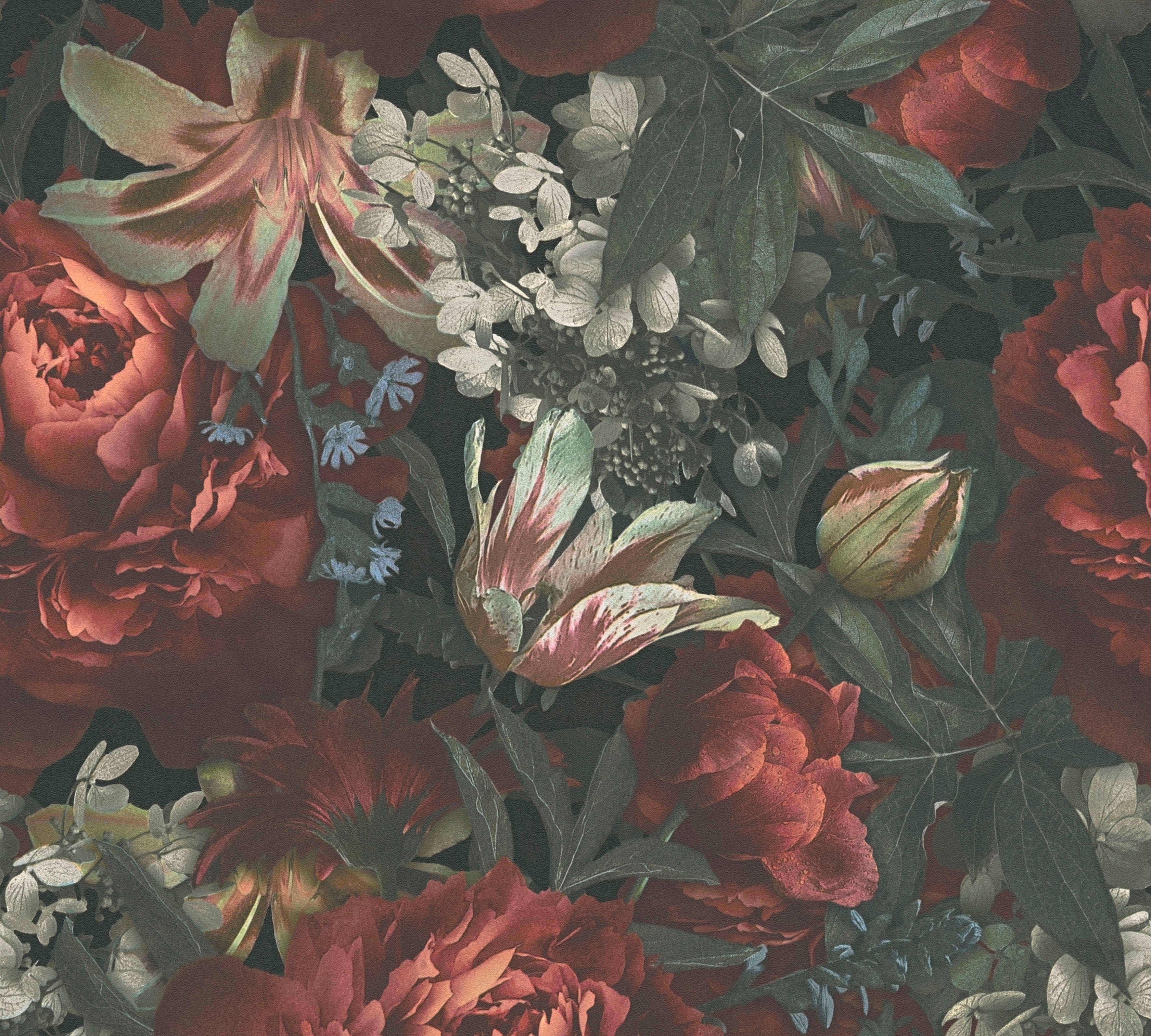 Floral, A.S. (1 matt, Blumentapete glatt, Vliestapete Création rot/grün PintWalls Rosen St),