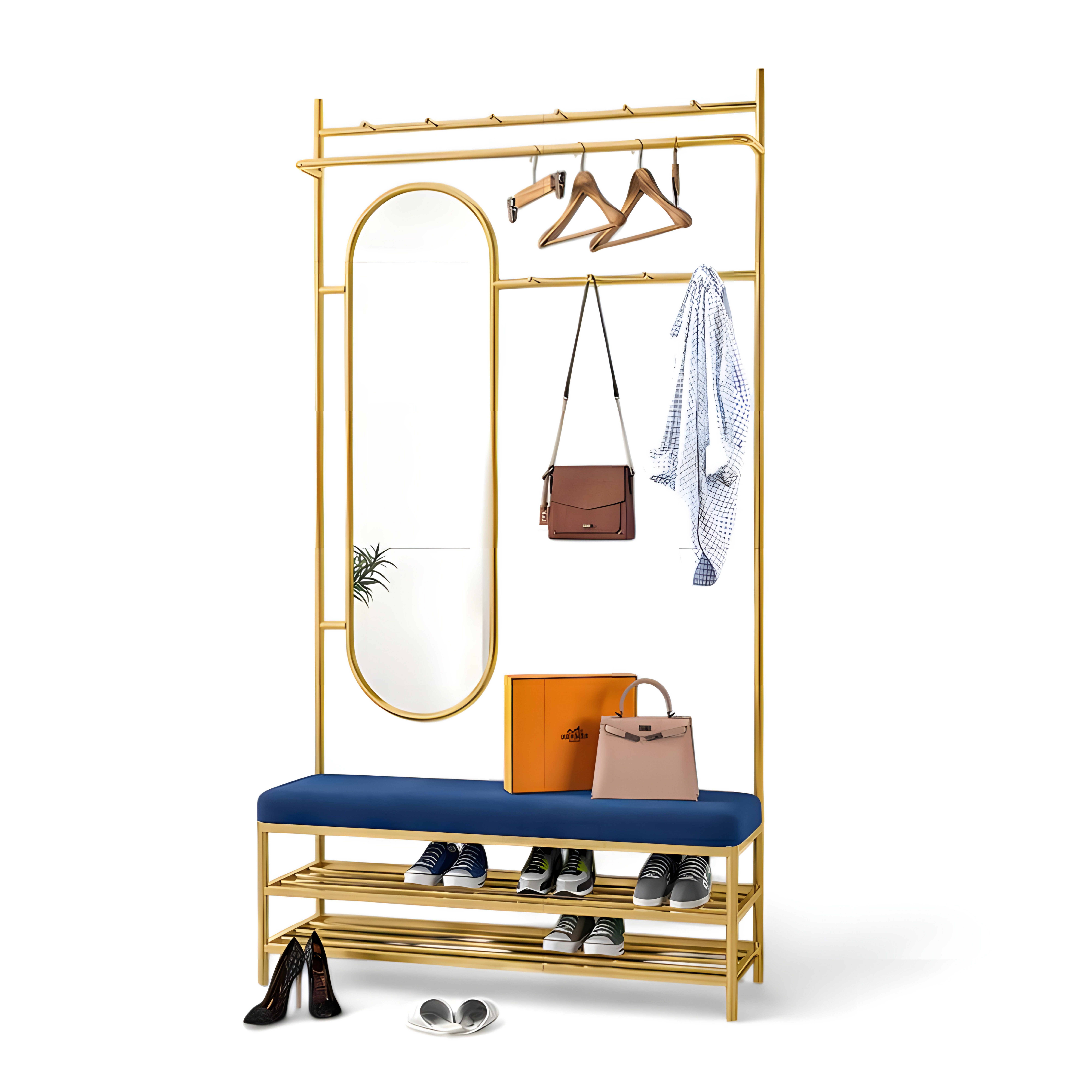 Schuhbank Kleiderständer mit Bank, Spiegel & Schuhregal in Blau mit Gold