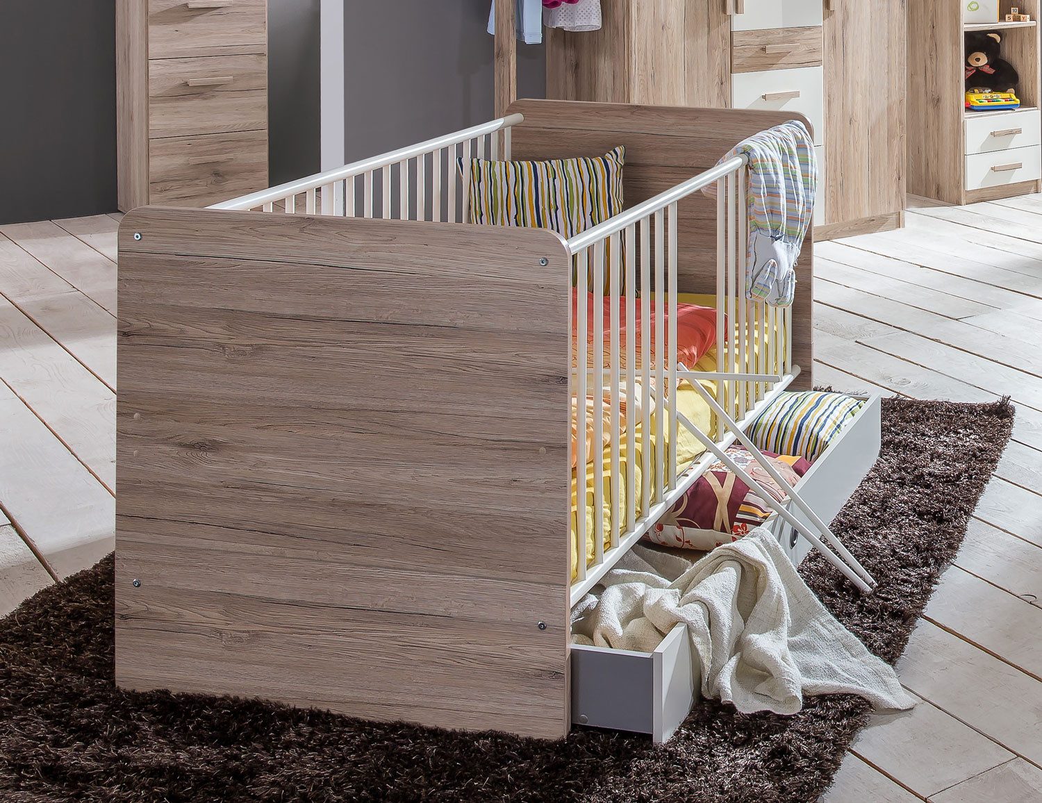 Wimex Babybett Cariba, 1-tlg., 70x140cm Eiche Sanremo / weiß mit 3 Schlupfsprossen