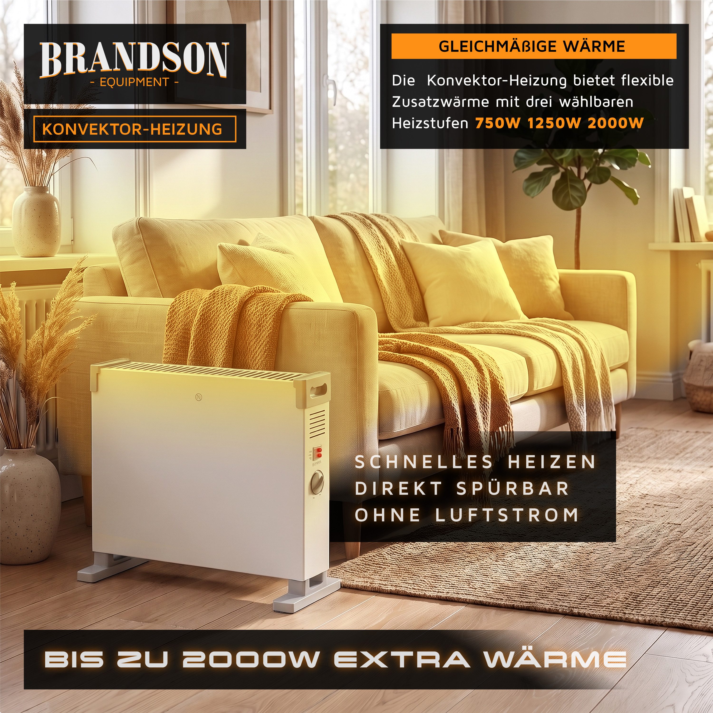 Brandson Elektro-Heizkörper Konvektor-Heizung 2000 W, 3 Heizstufen, Thermostat, Elektroheizung, Überhitzungsschutz, Kontrollleuchten, freistehend, Standgerät