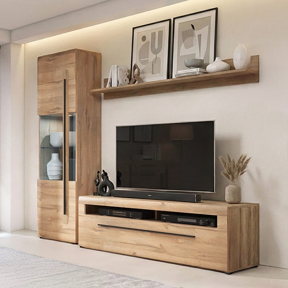 Lomadox Wohnwand TURDA-83, (3-St., Couchtisch Highboard Lowboard Sideboard Vitrine Wandregal), Eiche braun Metallgriffe inkl. LED Beleuchtung modern Softclose-Tür