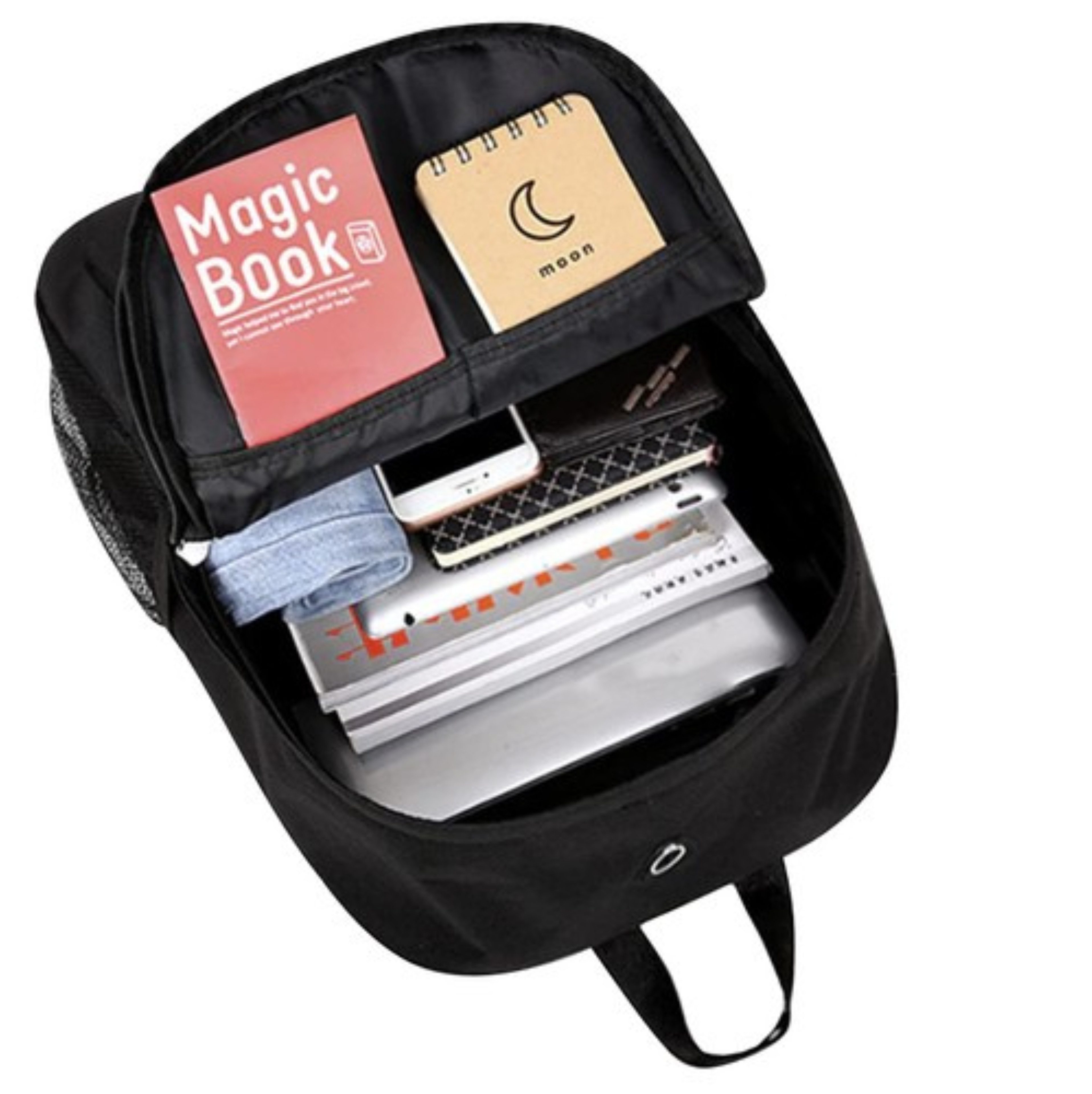 KRUZZEL Freizeitrucksack Wasserdichter Rucksack USB Anschluss Reflektoren Schule Arbeit Reise (Rucksack Komplettset für Schule & Reisen, Schulrucksack Set mit Schloss, Kabel & Federmäppchen), Reflektierender USB-Rucksack mit Kopfhöreranschluss