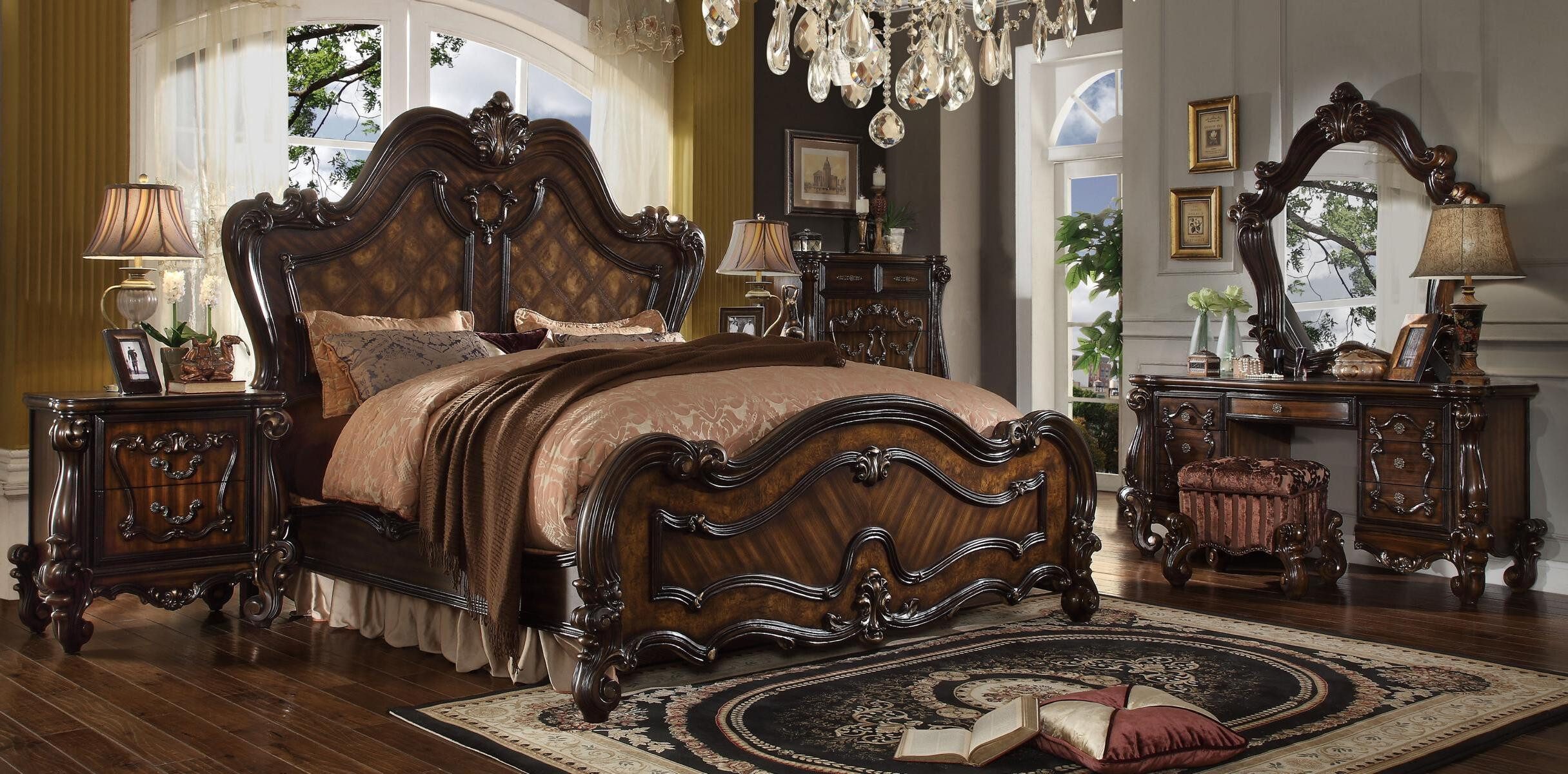 Xlmoebel Schlafzimmer-Set Barockes Schlafzimmermöbel-Set in edlem Design mit Schminktisch, (5-tlg., Bett + 2x Nachttische + Schminktisch + Spiegel), Hergestellt in Europa