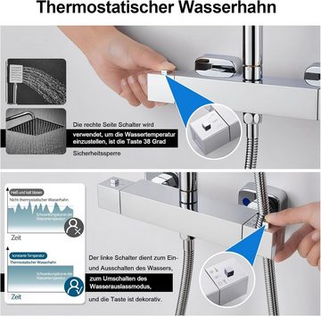 OUGOO Duschsystem mit Thermostat, Duschsystem mit Armatur, Höhe 123 cm, 2 Strahlart(en), mit Armatur, Regenduschset Kopfbrause, Duschstangeset mit Regendusche