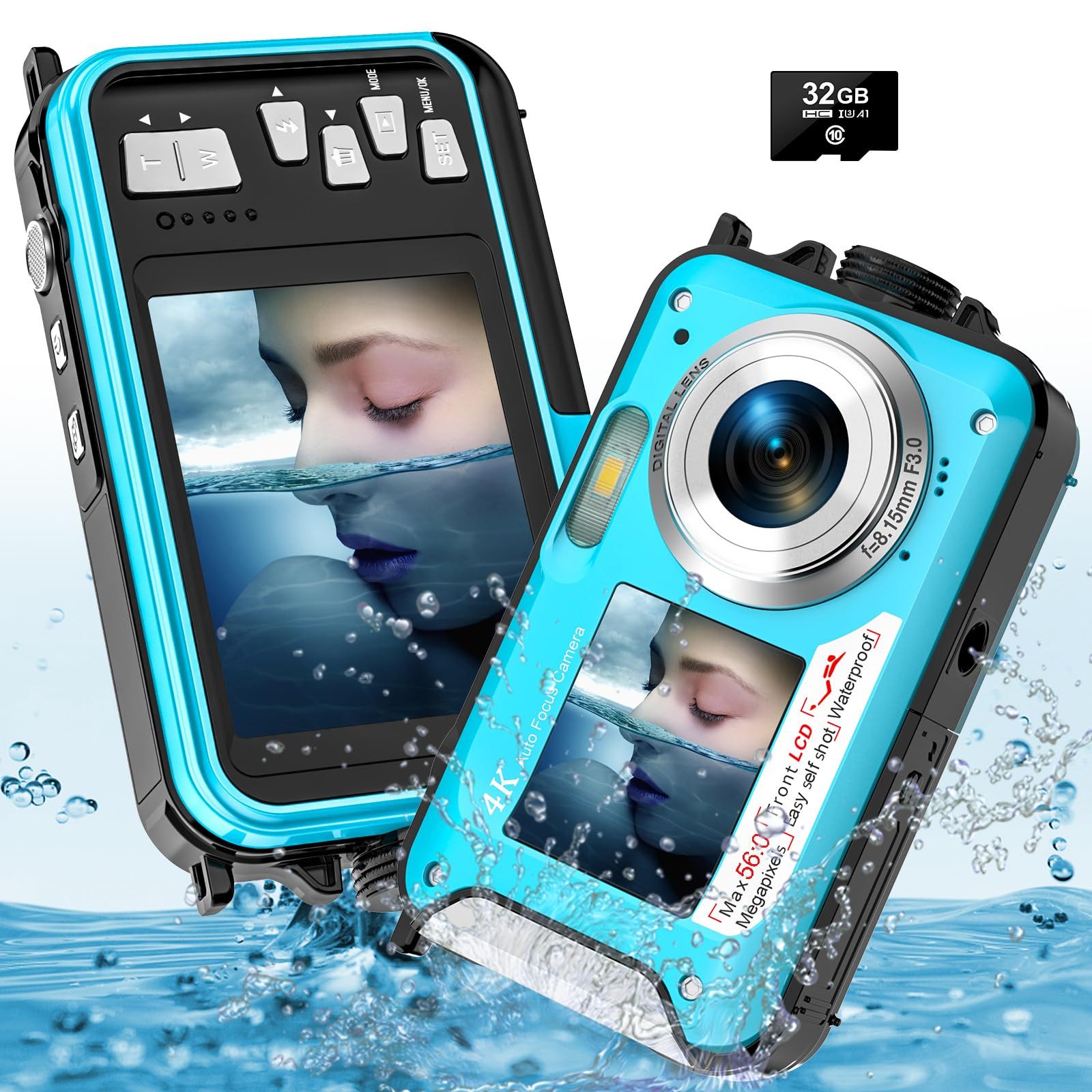 FOUORTUNATE-BEE Unterwasserkamera UHD 4K 56MP Autofocus Digitalkamera wasserdichte Action Cam (mit Einer 32GB Karte Selfie Doppelte Bildschirme wasserdichte Kamera zum Schnorcheln)