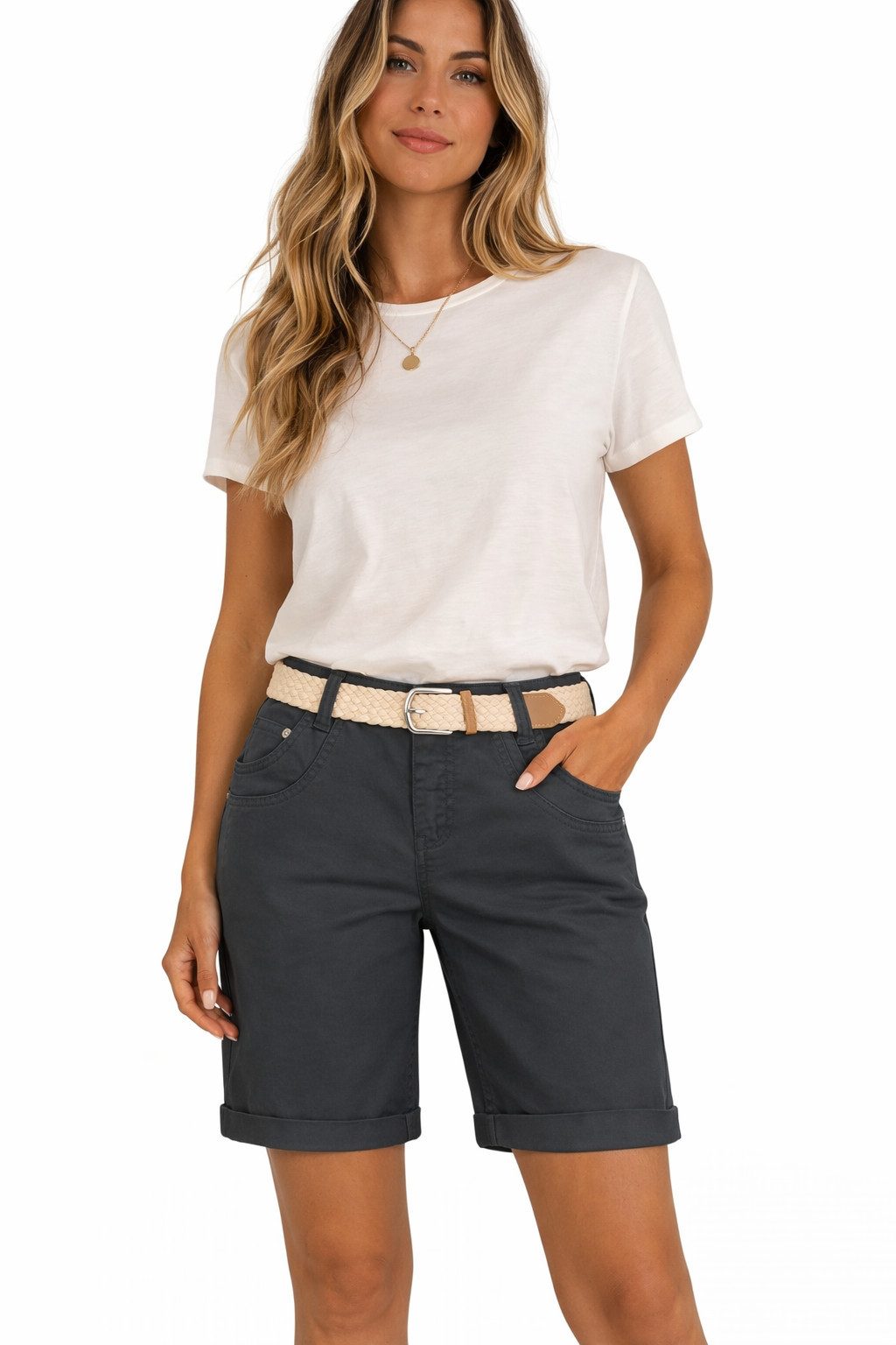SUBLEVEL Bermudas Damen Short Bermuda kurze Hose Sommer Chino Short Stoff Hose Gürtel