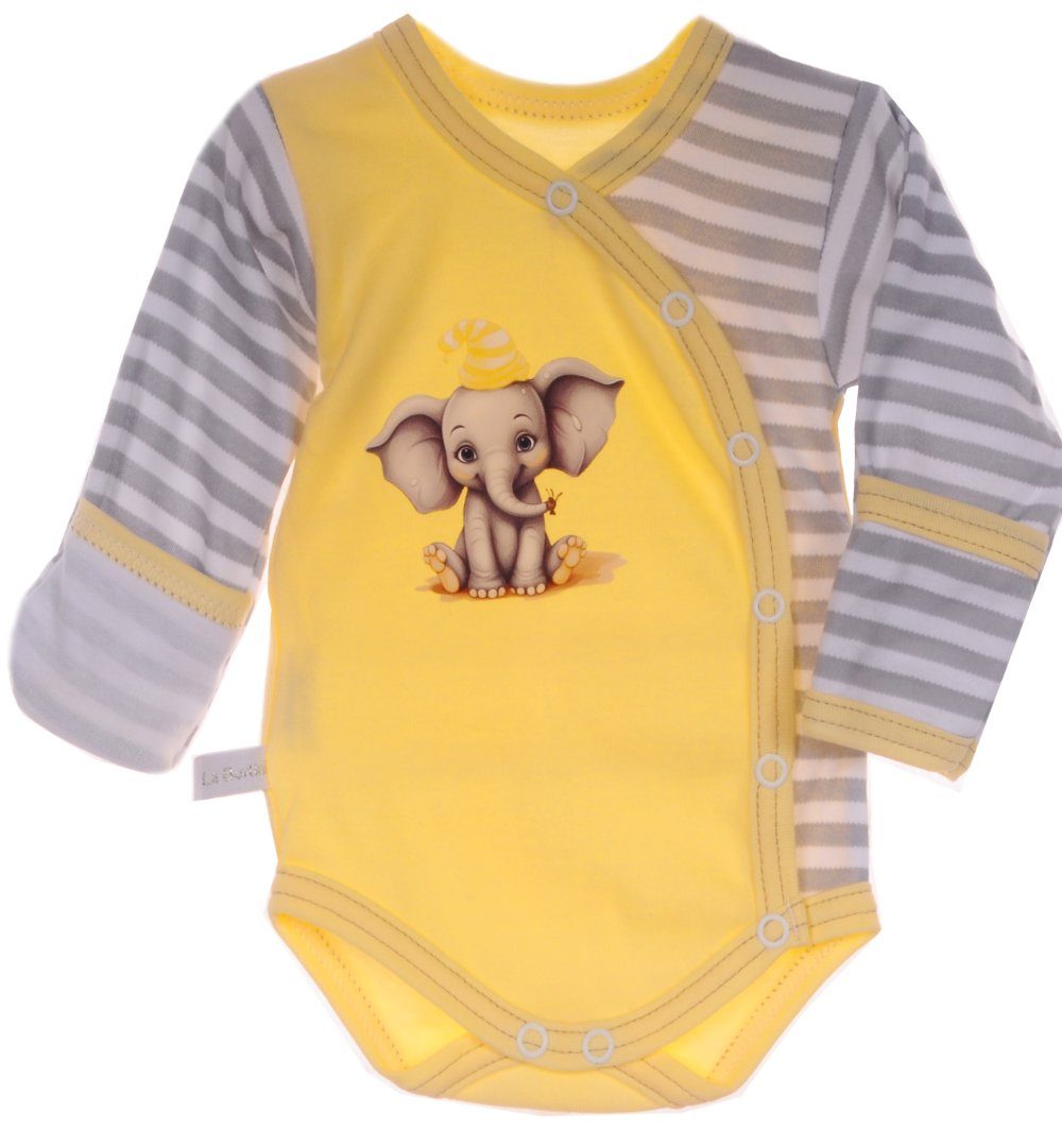 Wickelbody Baby Body Langarmbody in Gelb gestreift mit Elefanten