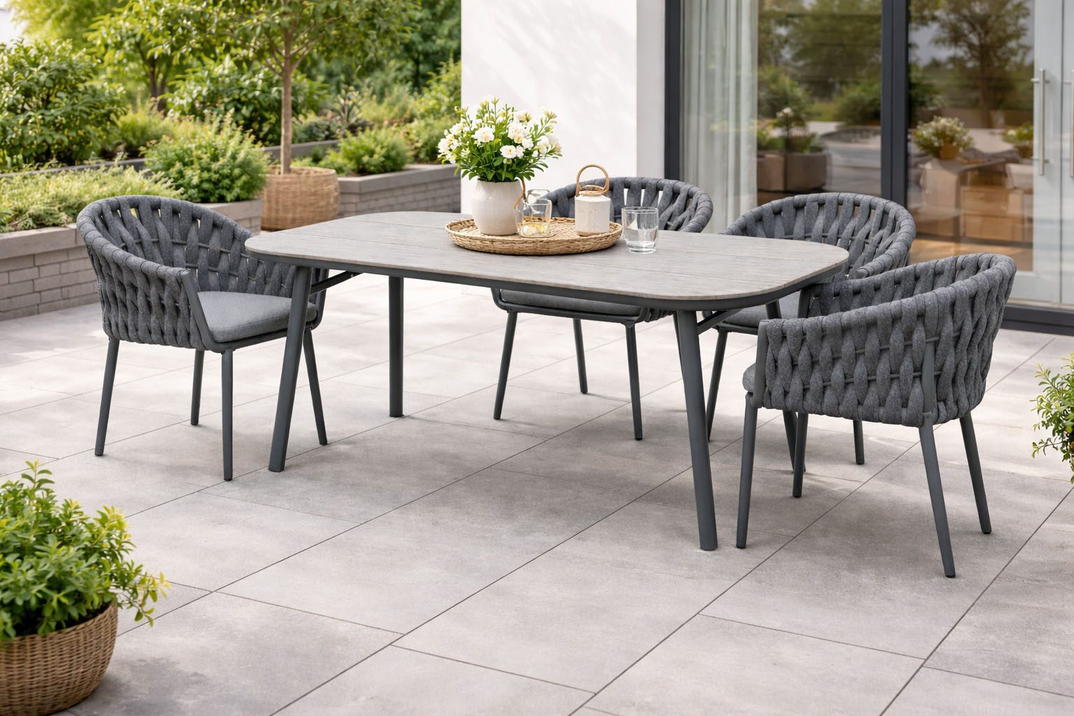 Destiny Garten-Essgruppe MOLINO SAN MARINO 4 Se + Tisch OV 180x90cm anthrazit, (Set, 4 Sessel inkl. Sitzkissen, 1 Tisch), Aluminium, Rope, Polywood