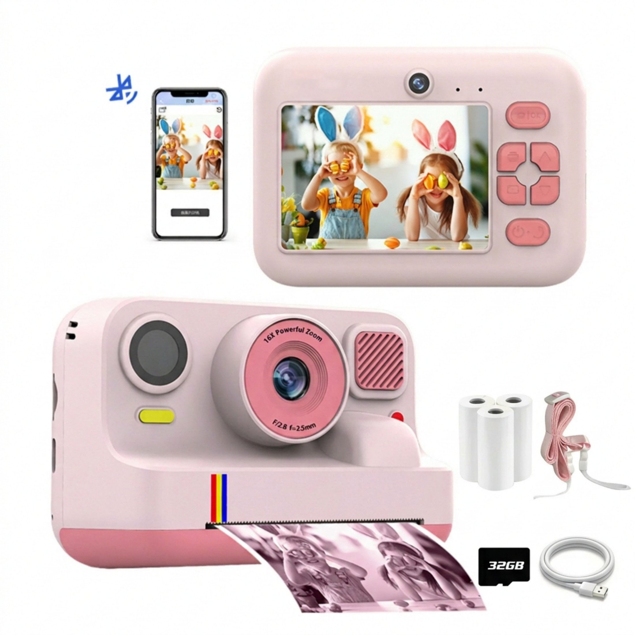 Blossom Digitalkamera Kinder Kamera 1080P 2,4" Display Kinder ab 3 Jahre Kinderkamera (48 MP, inkl. Front- & Rückkamera, Bluetooth-Druck, 1080P Video,MP3, Spiel, für Jungen & Mädchen)
