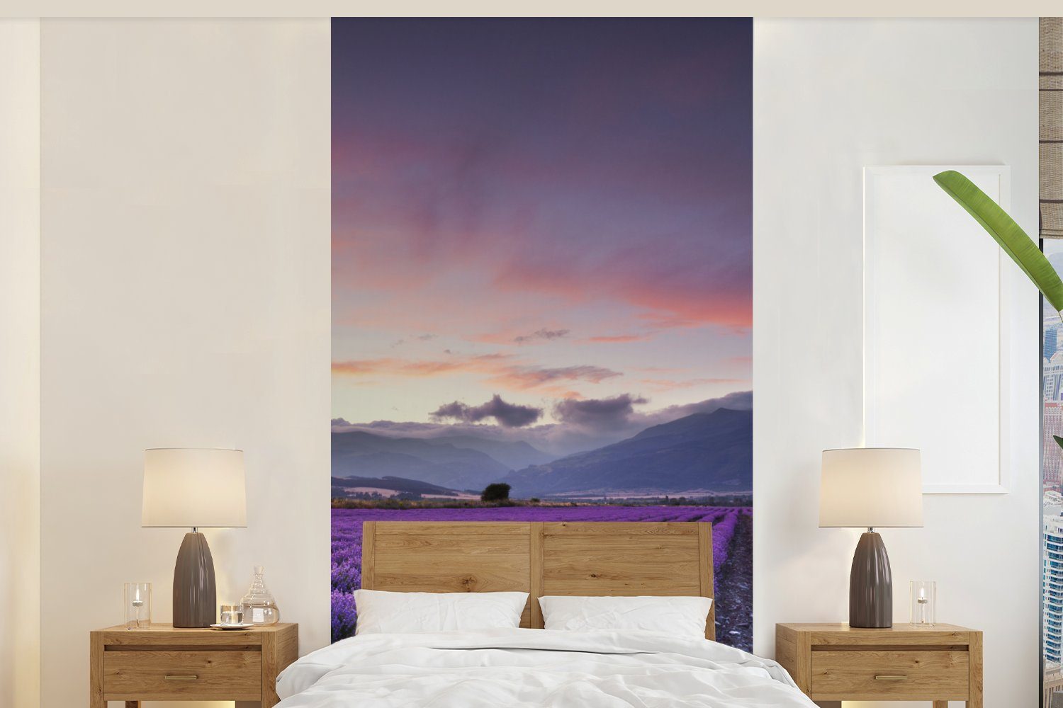 MuchoWow Fototapete Sonnenuntergang über Lavendel, Matt, bedruckt, (2 St), Vliestapete für Wohnzimmer Schlafzimmer Küche, Fototapete