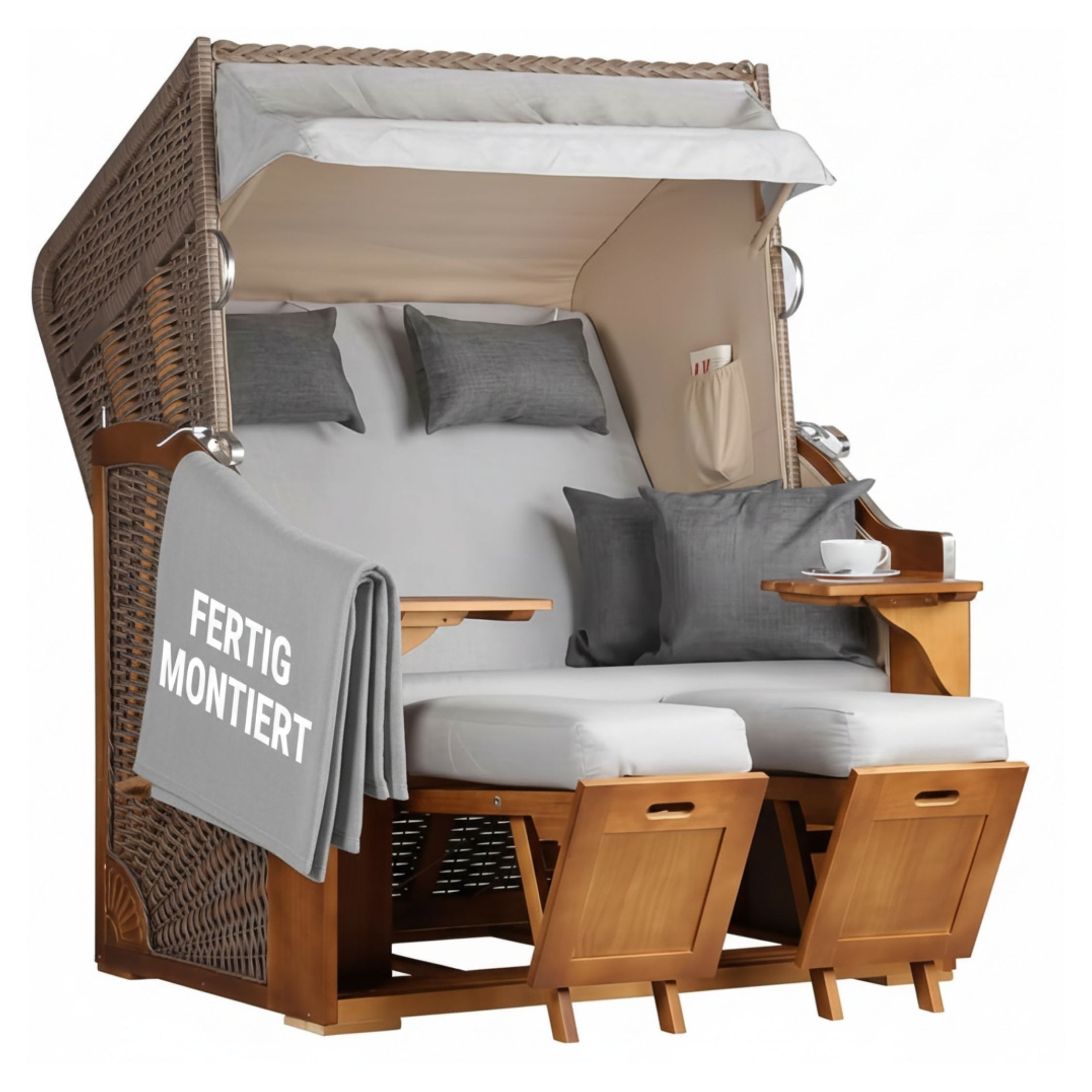 MR.DEKO Strandkorb 2-Sitzer Schleswig Pinie Braun PE Mokka, aufgebaut geliefert, BxTxH: 120x80x160 cm, 2-Sitzer, Schleswig, (Zweisitzer Strandkorb mit Bistrotischen & Fußstützen), Bereits montiert, UV-beständig, Volllieger & Edelstahl-Beschläge