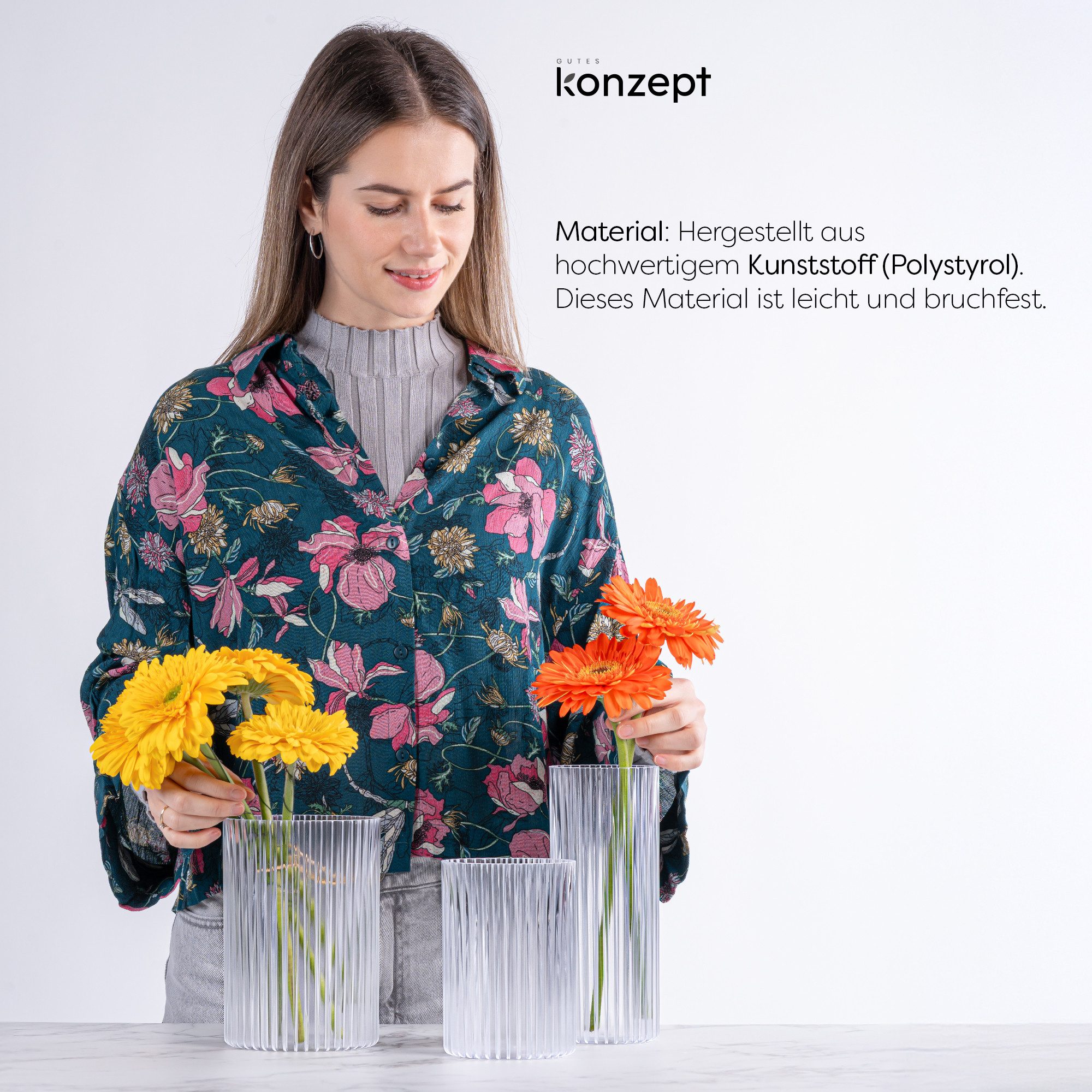 KONZEPT Dekovase 3er Set aus Kunststoff (12,3x17,8/10,3x14,8/8,8x21,7 cm), Stapelbar. Geriffelte Struktur, Leicht, UV-beständig – Bild 5 von 5