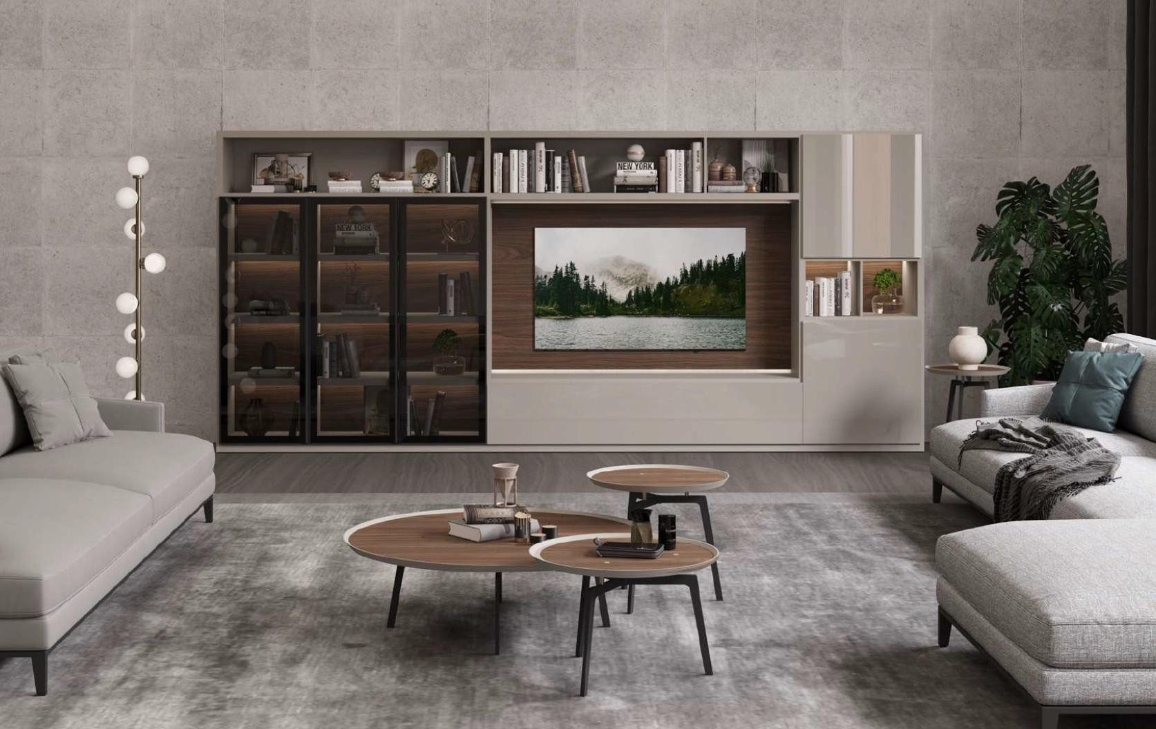 JVmoebel Wohnwand Moderne Wohnwand aus weißem Holz und Glas im eleganten Design, (Wohnwand), Made in Europa