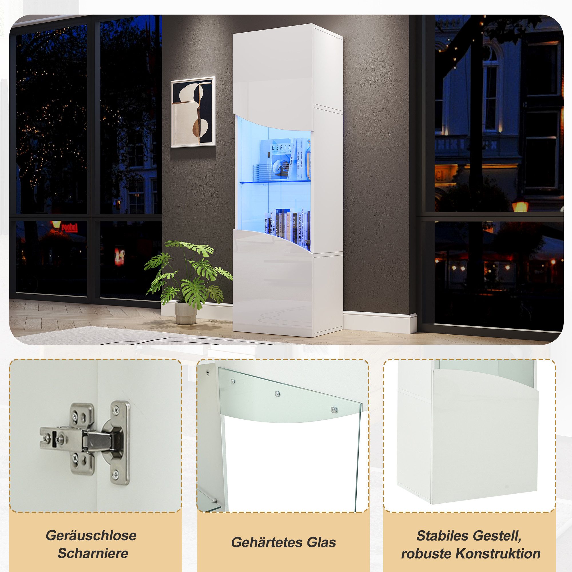 Celya Vitrine hoher Schrank mit großem Stauraum und LED-Beleuchtung (konkav bogenförmige Wellenoberflächengestaltung) Ideal für Wohnzimmer, Flur, Schlafzimmer oder Eingangsbereich