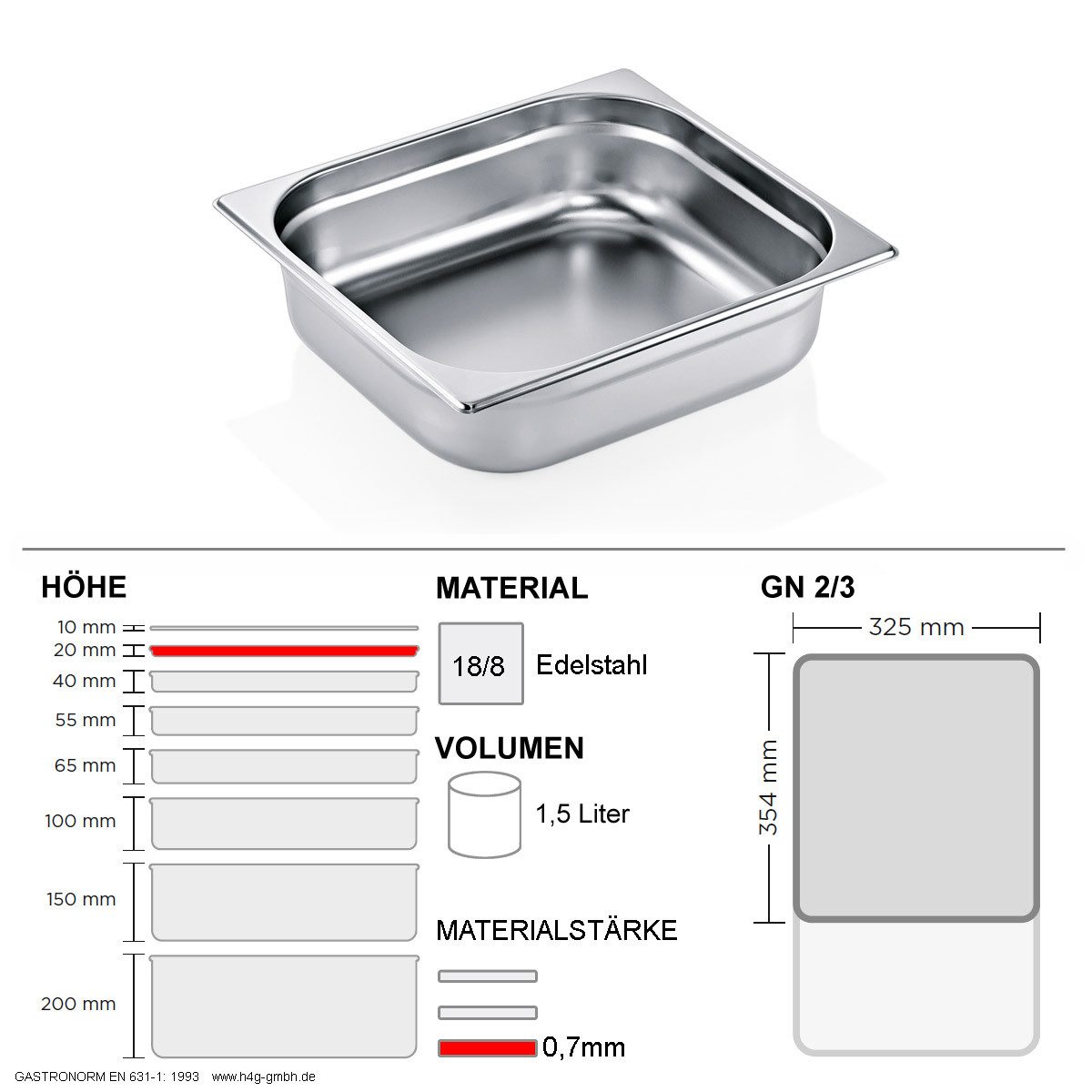 WAS Thermobehälter Gastronorm Behälter GN 2/3 - 20mm - GN90 - 18/8 Edelstahl - 0,7mm, Edelstahl