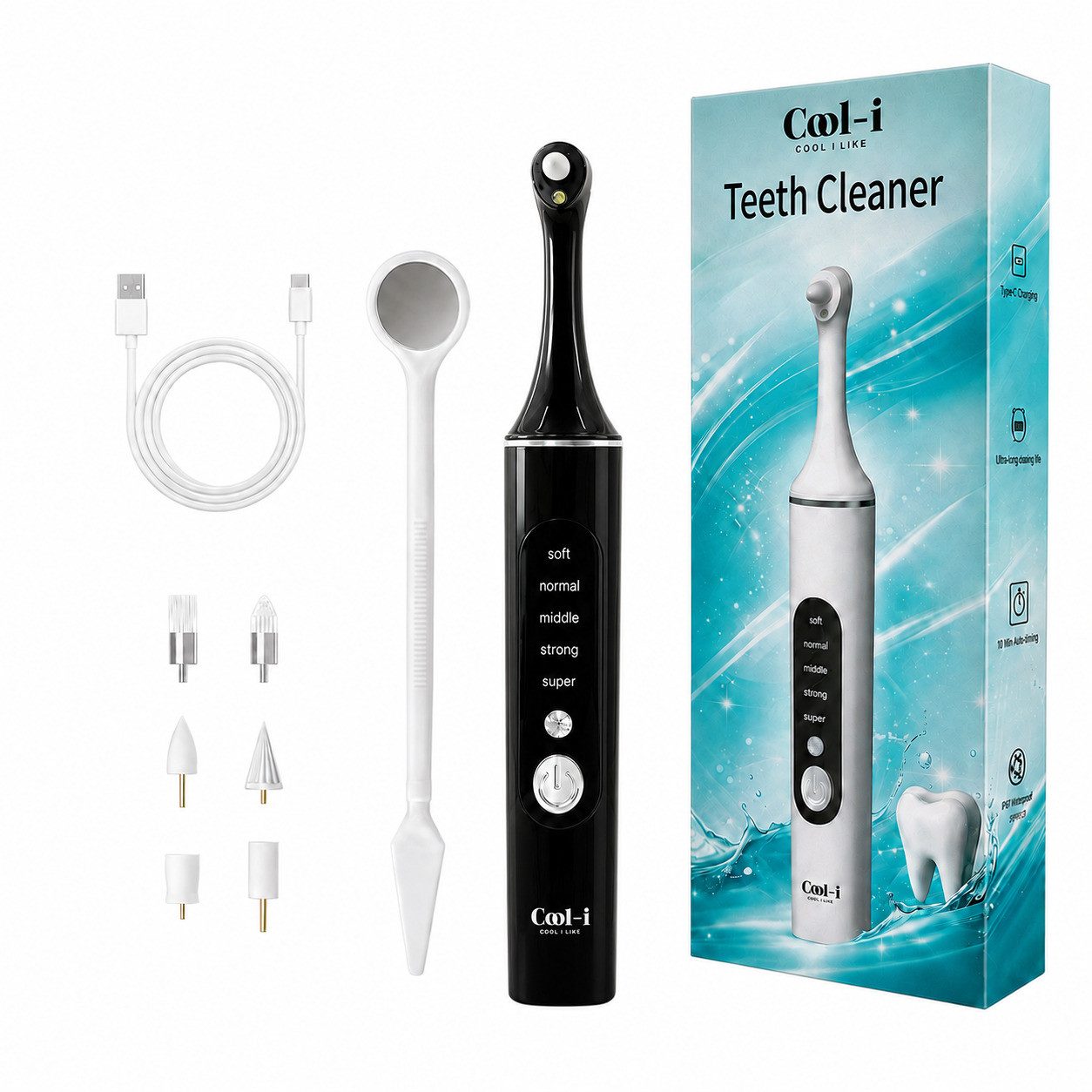 COOL-i ® Mundpflegecenter Zahnpolierer Set mit LED & 5 Modi& 6 Köpfen, Für kosmetische Zahnpflege, sanftes Aufhellen & frischen Atem