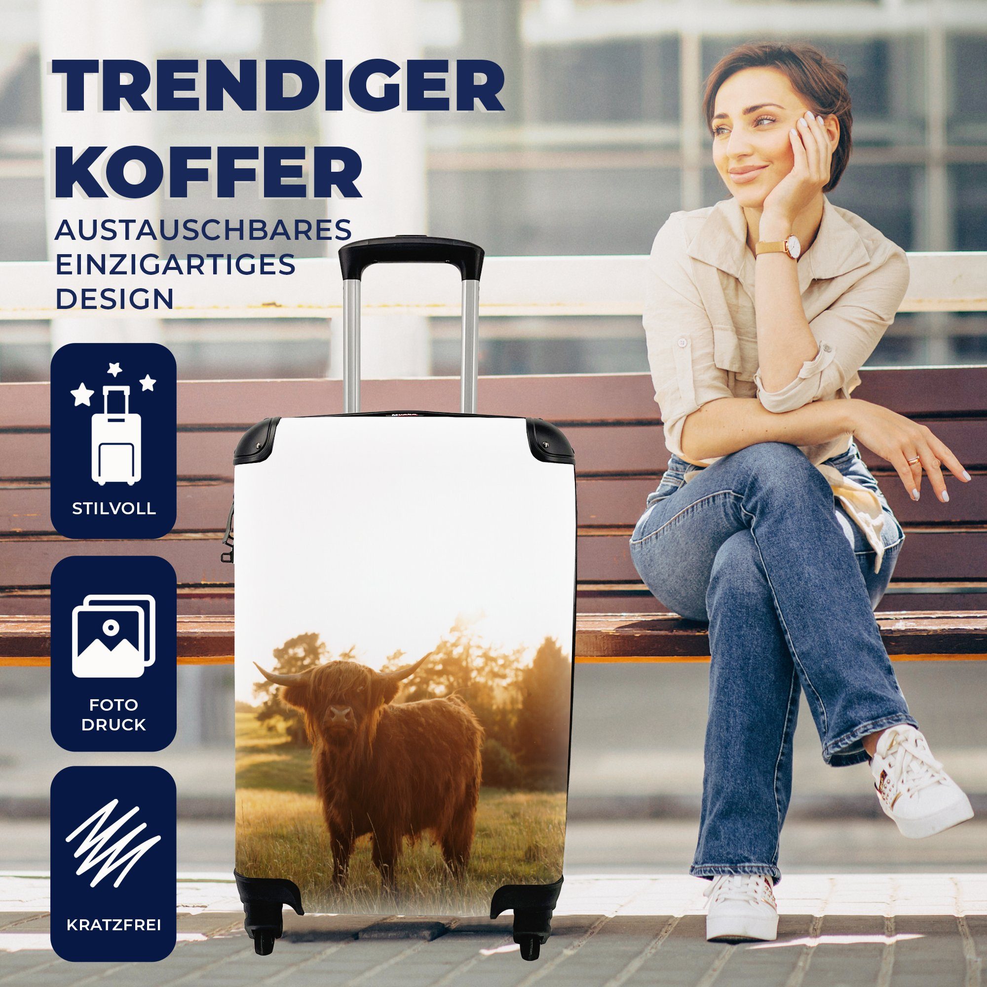 mit MuchoWow Reisetasche Gras Handgepäck Hochländer Handgepäckkoffer - Reisekoffer rollen, für 4 Sonne, Schottischer Ferien, - Trolley, Rollen,