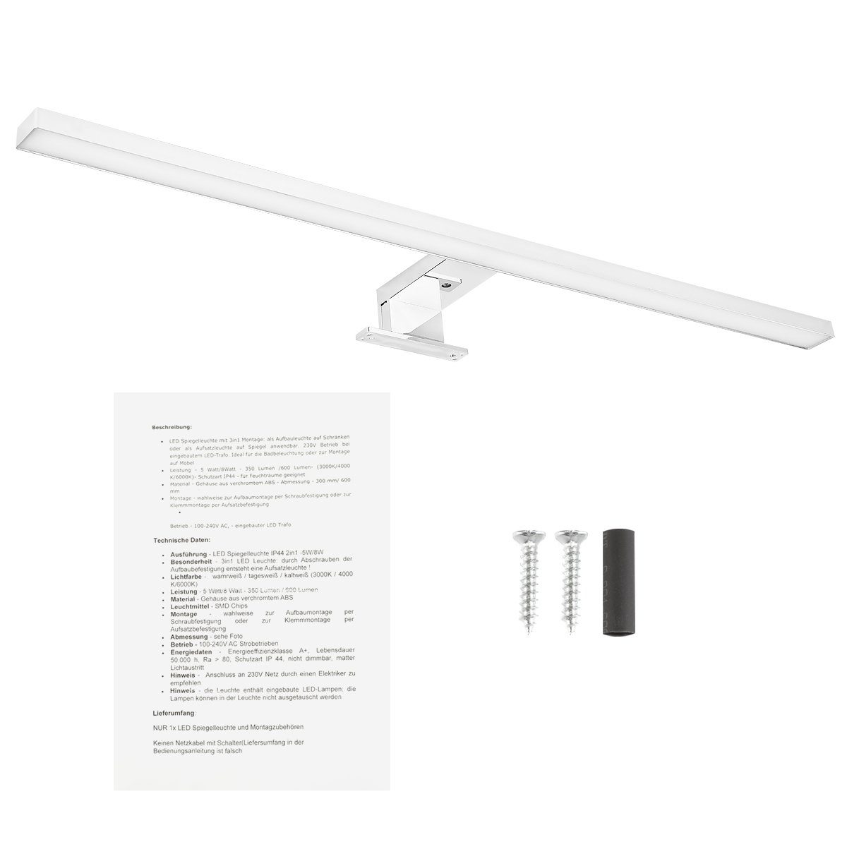 LETGOSPT Spiegelleuchte LED Spiegelleuchte Aufbauleuchte 230V IP44 600lm/350lm, 8W/5W Klemmleuchte, LED 60CM/30CM, Schminklicht + Bad 6000K fest Tageslichtweiß, integriert