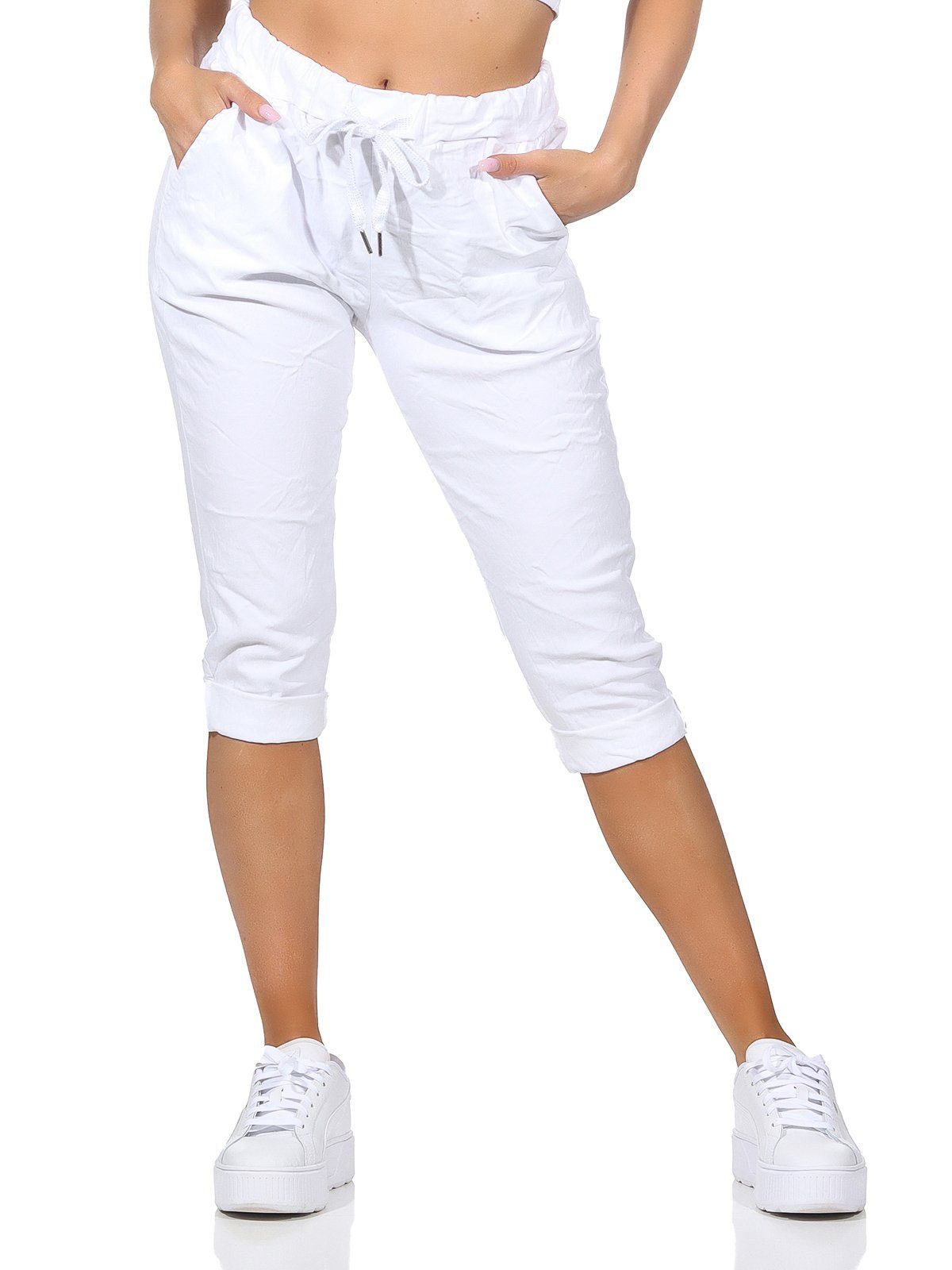 Aurela Damenmode Kordelzug, sommerlichen Hose Capri Taschen Bermuda Sommerhose Damen Farben, Weiß in Kurze 36-44 Jeans 7/8-Hose und