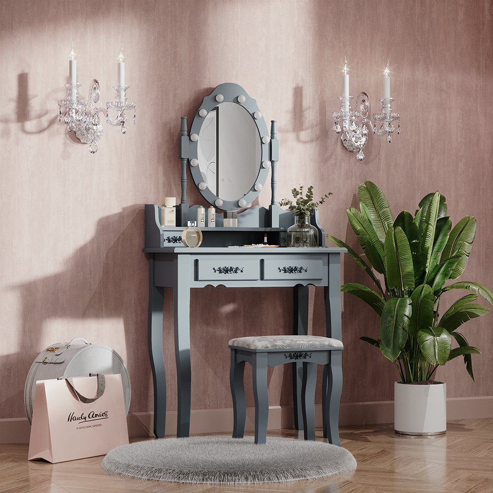 Vicco Schminktisch Maggie, Grau, 75 cm mit LED Beleuchtung und Hocker günstig online kaufen