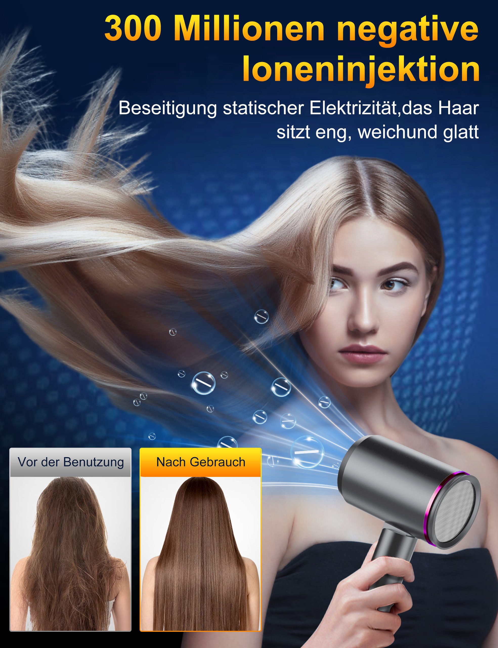 ibettertec Haartrockner Haartrockner Föhn Ionen,klappbar,mit 3 Stylingdüse, 2400 W, Schnelltrocknen Hair Dryer Mit 6 Temperatureinstellungen, Reiseföhn Hairdrye – Bild 4 von 5