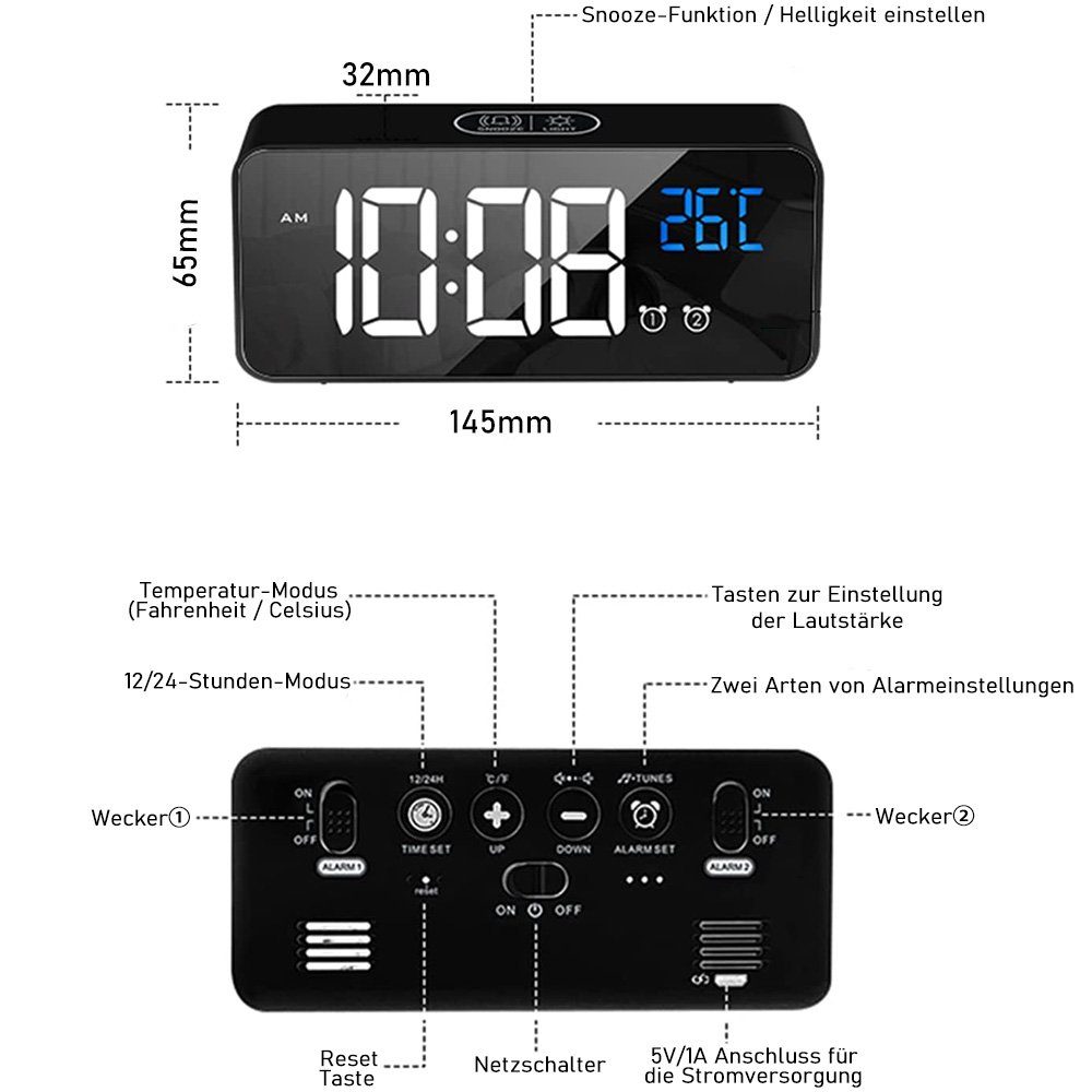 mit Spiegel Schwarz Digital, LED-Temperaturanzeige Wecker Desktop-Uhr Tragbare Wecker zggzerg